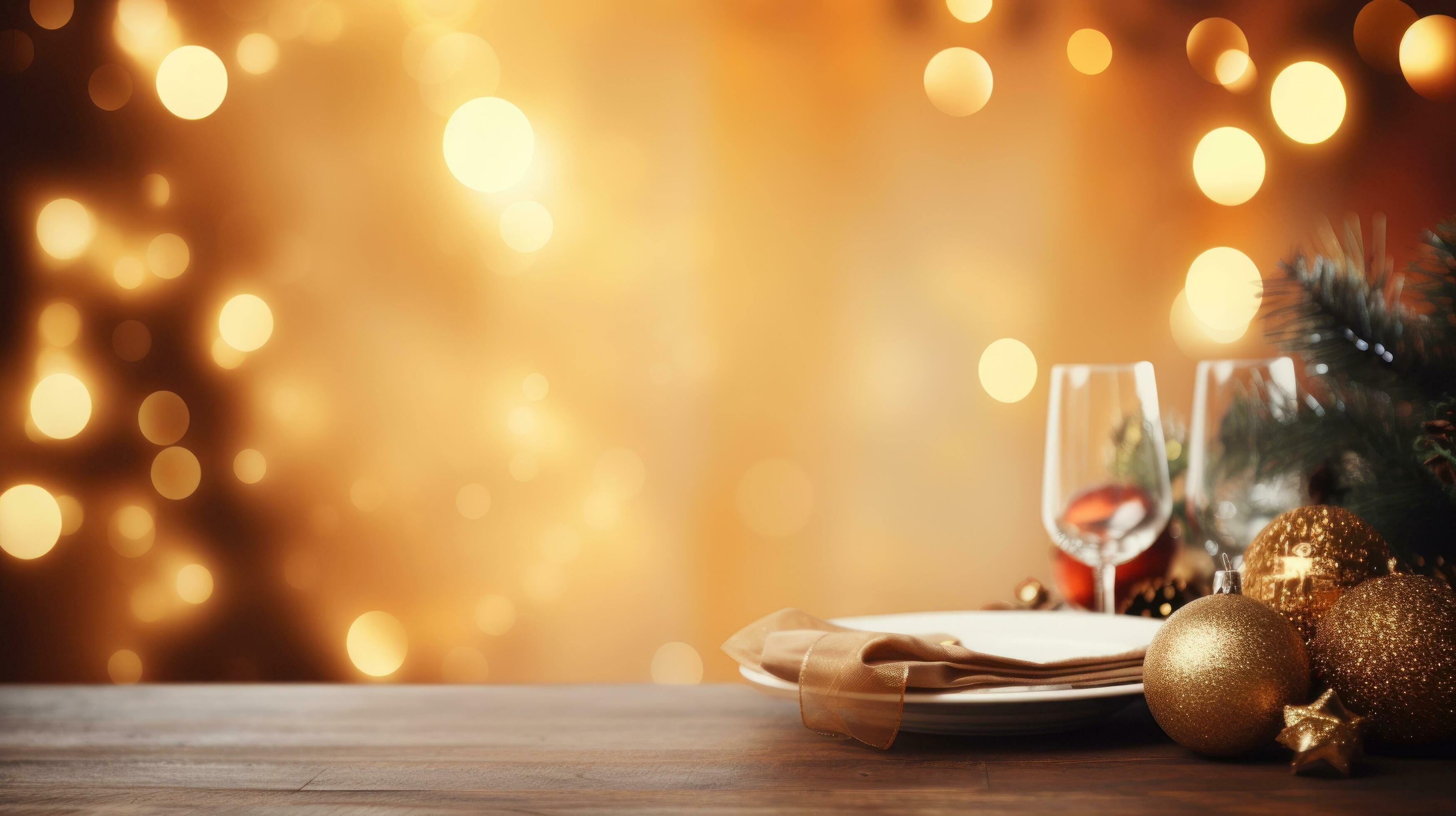 3497x1960 christmas dinner holiday background with blurred christmas tree background