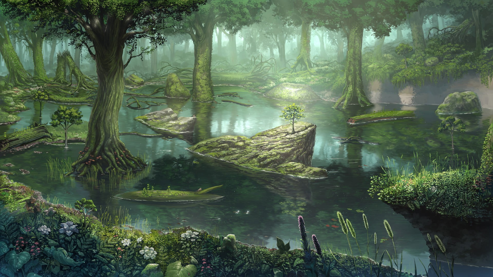 1920x1080 Body of water with green trees painting, digital art, drawing, forest, fantasy art HD wallpaper