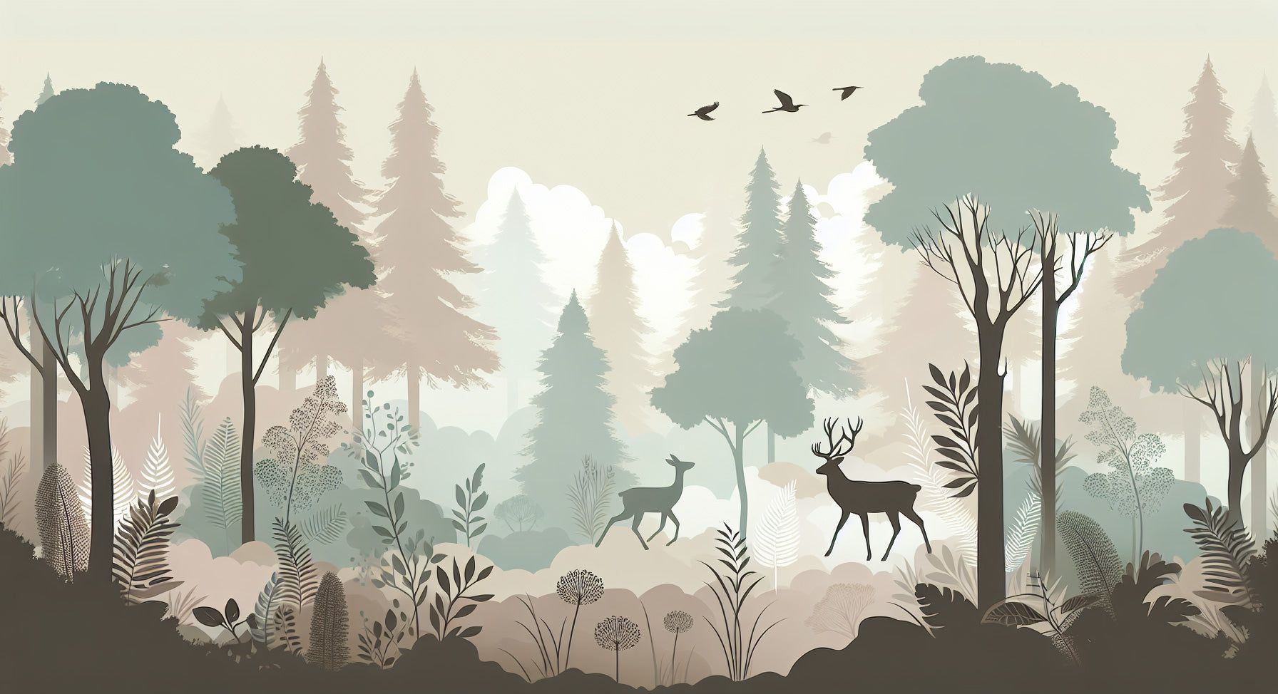 1792x974 Forest Mural Wallpaper. Forest Animal Silhouette and Pastel Tones