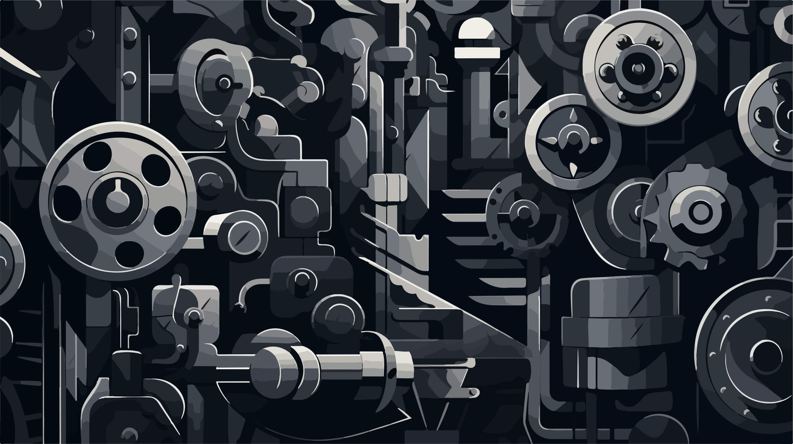 2677x1500 Industrial Mural Wallpaper. Mechanical Gears Black and Grey Design