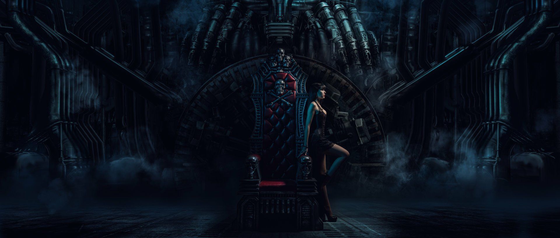 1920x817 Steampunk Sci Fi Throne: Dark Mechanics HD Wallpaper By Edouard Noisettex817