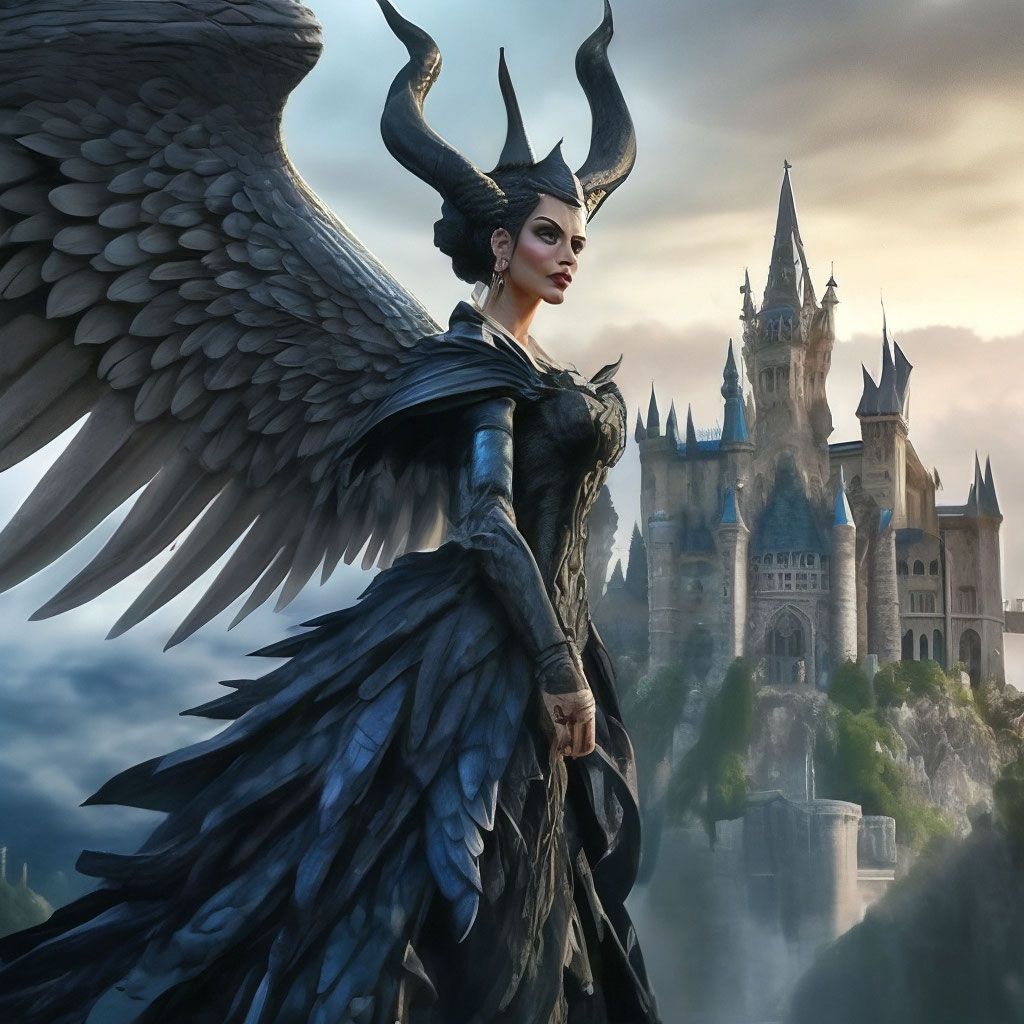 1024x1024 Maleficent, big wings, on the background of a castle, fabulous, epic, fantasy, magic, professional photo