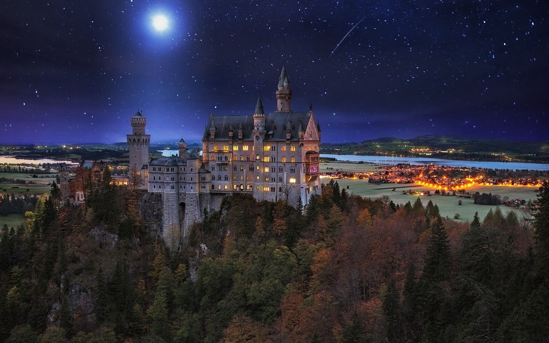 1920x1200 landscape, Nature, Neuschwanstein Castle, Germany, Starry Night, Moon, Valley, Trees, Lights, Architecture, Village, Palace, Fall Wallpaper HD / Desktop and Mobile Background