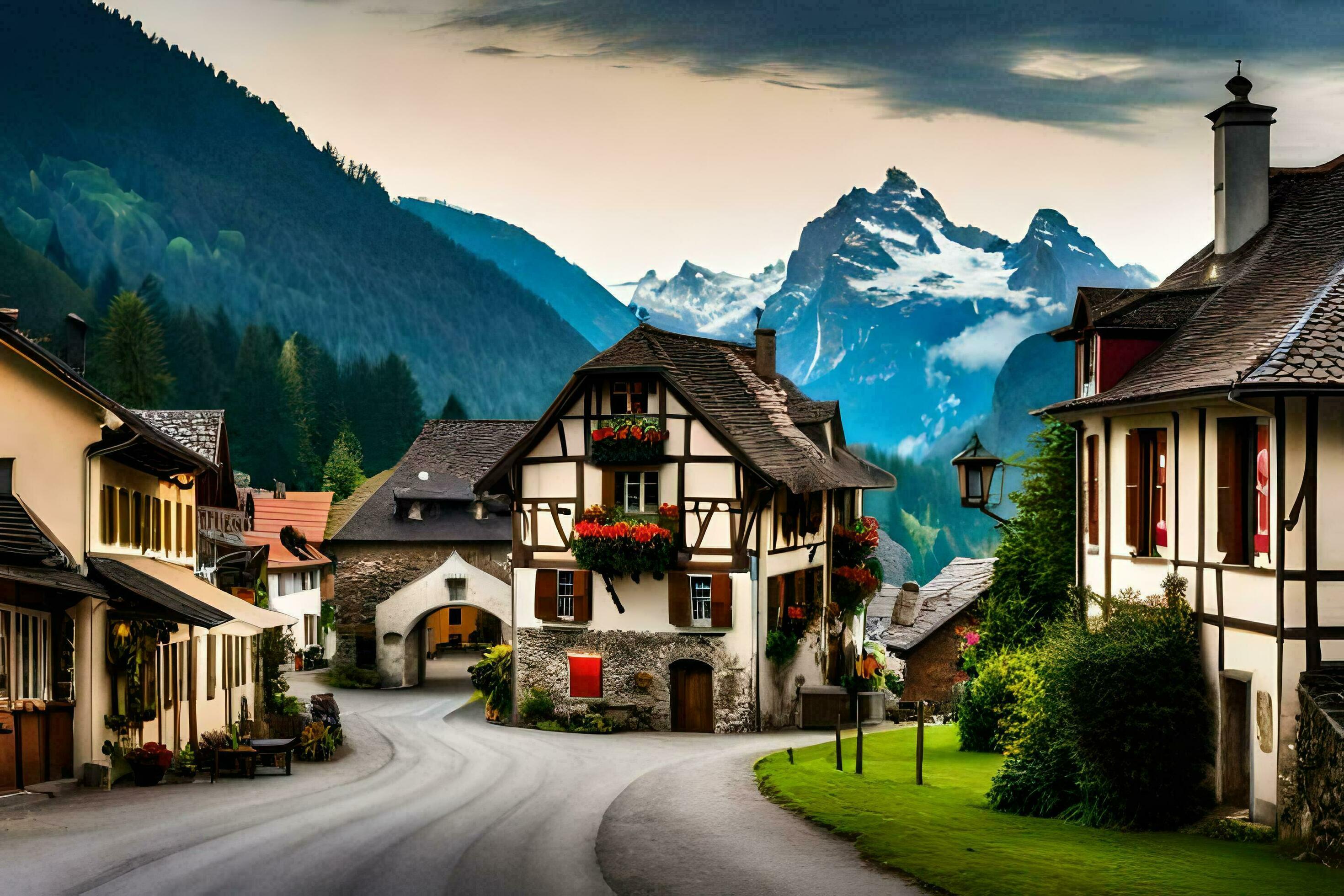 2940x1960 Photo Wallpaper The Sky, Mountains, Houses, Road, Village, Alpine, Germany. AI Generated