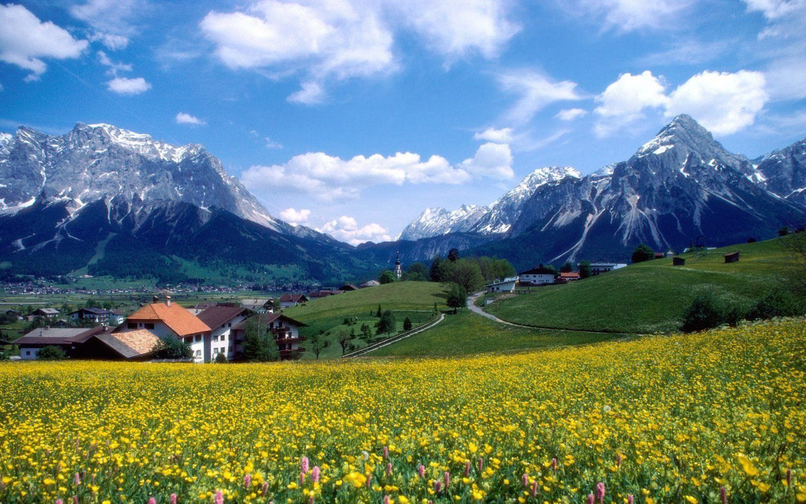 1600x1000 Zugspitze Bavaria In Germany Landscape Spring Mountain Village With Snow Mountains Meadow Flowers Sky HD Wallpaper 3840x2400 :