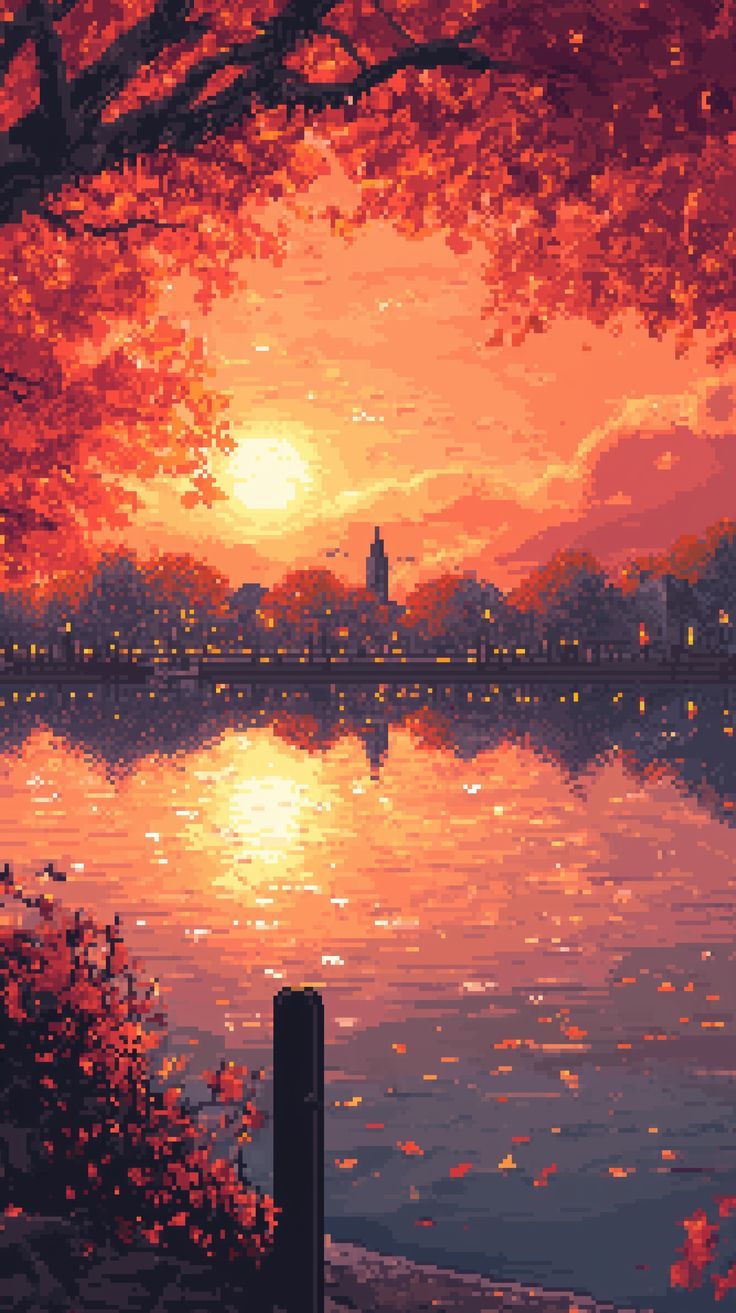 736x1313 Pixel Art Autumn in the City Wallpaper