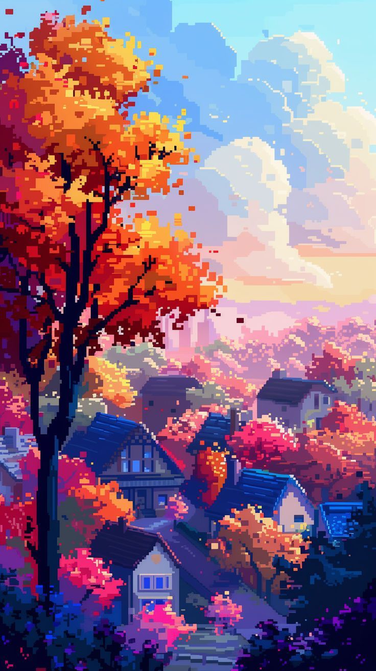 736x1313 Cozy Pixel Art Town Wallpaper Series 2.5