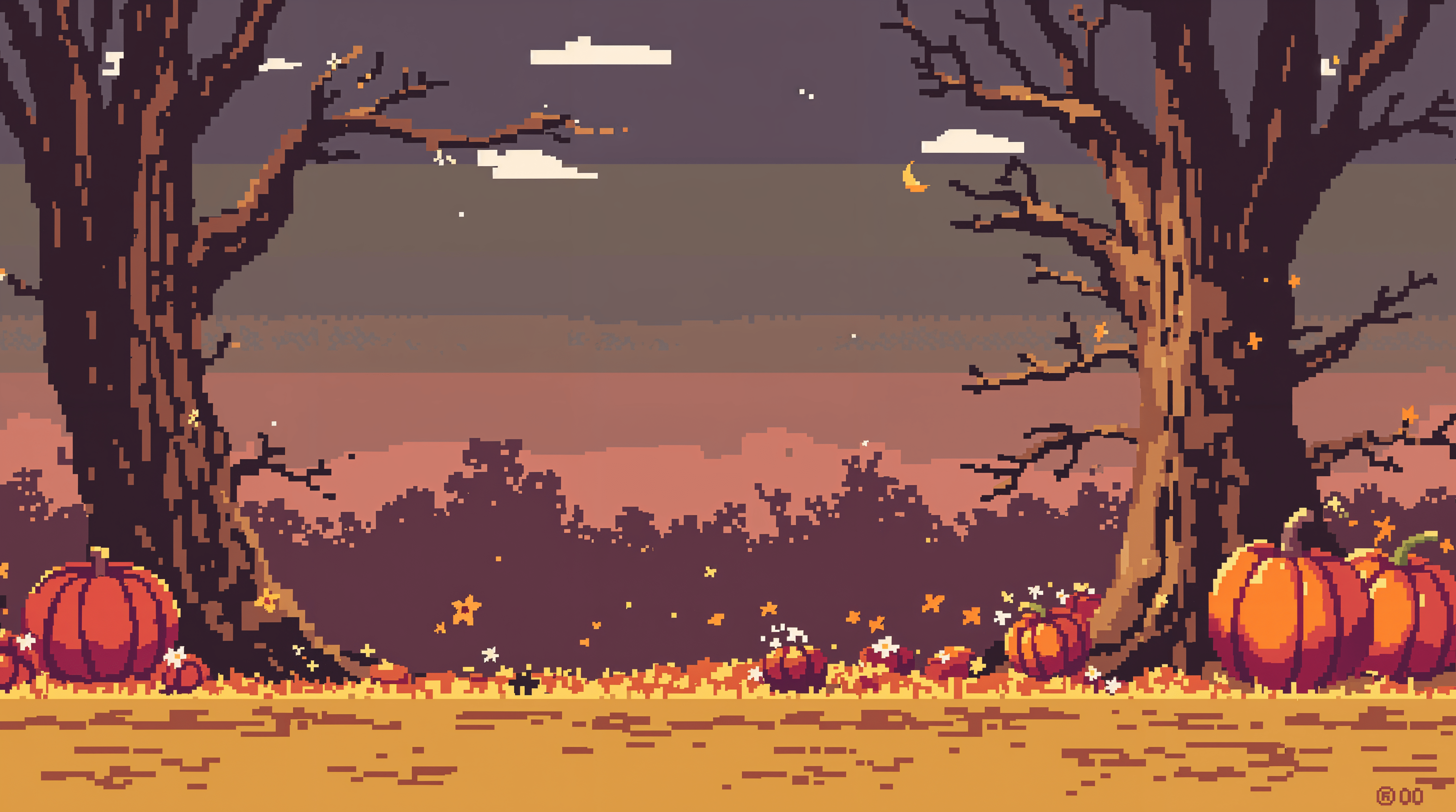 4128x2304 Autumn Dreams: 4K Ultra HD Wallpaper of a Pixel Art Pumpkin Landscape