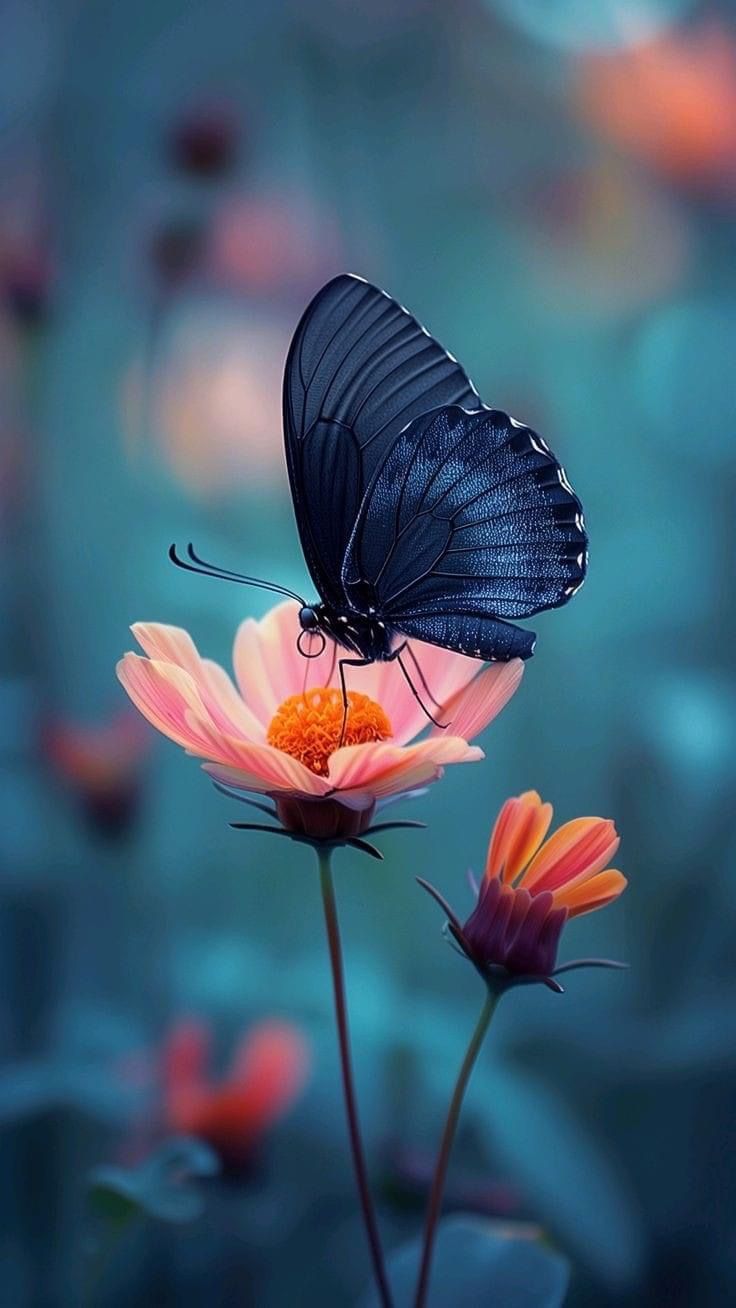 736x1308 Black Butterfly on Pink Flower. Flower and butterfly photography, Blue butterfly on flower, Butterfly on flower