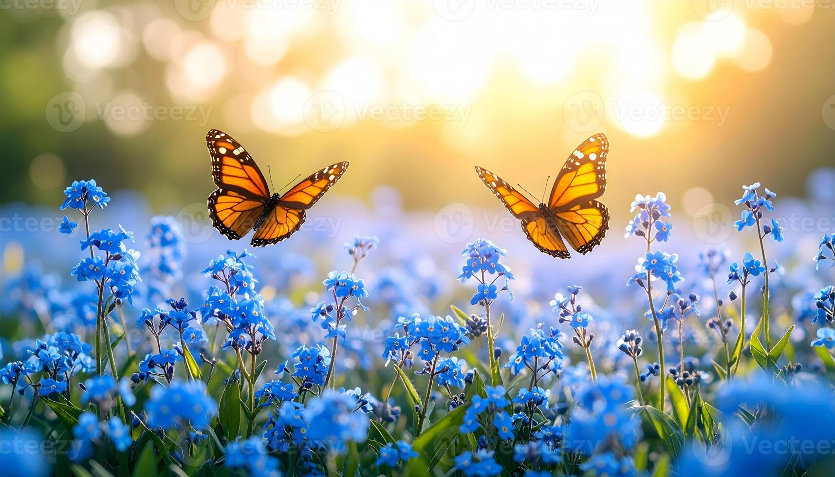 1715x980 Two Beautiful Monarch Butterflies Flying Over A Field Of Blue Forget Me Not Flowers. Magical Summer Nature Background With Warm Sunlight And Bokeh. Concept Of Freedom And Romance