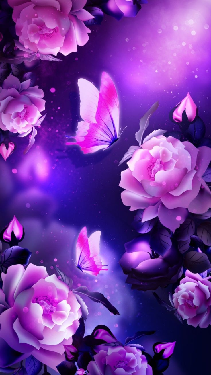 736x1308 Pink Flowers And Butterflies Wallpaper. Nature Inspired Home Decor, Purple Butterfly Art, Purple Flowers With