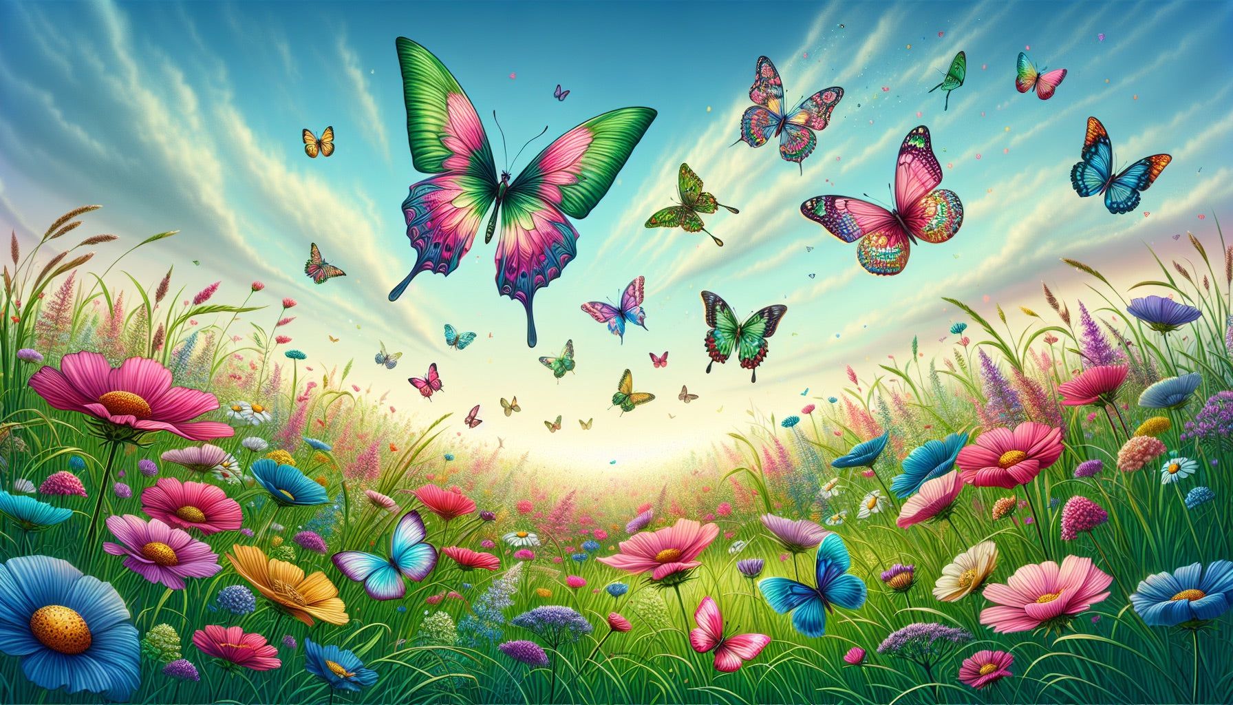 1792x1024 Butterfly Mural Wallpaper. Colorful Field Flowers with Greenery