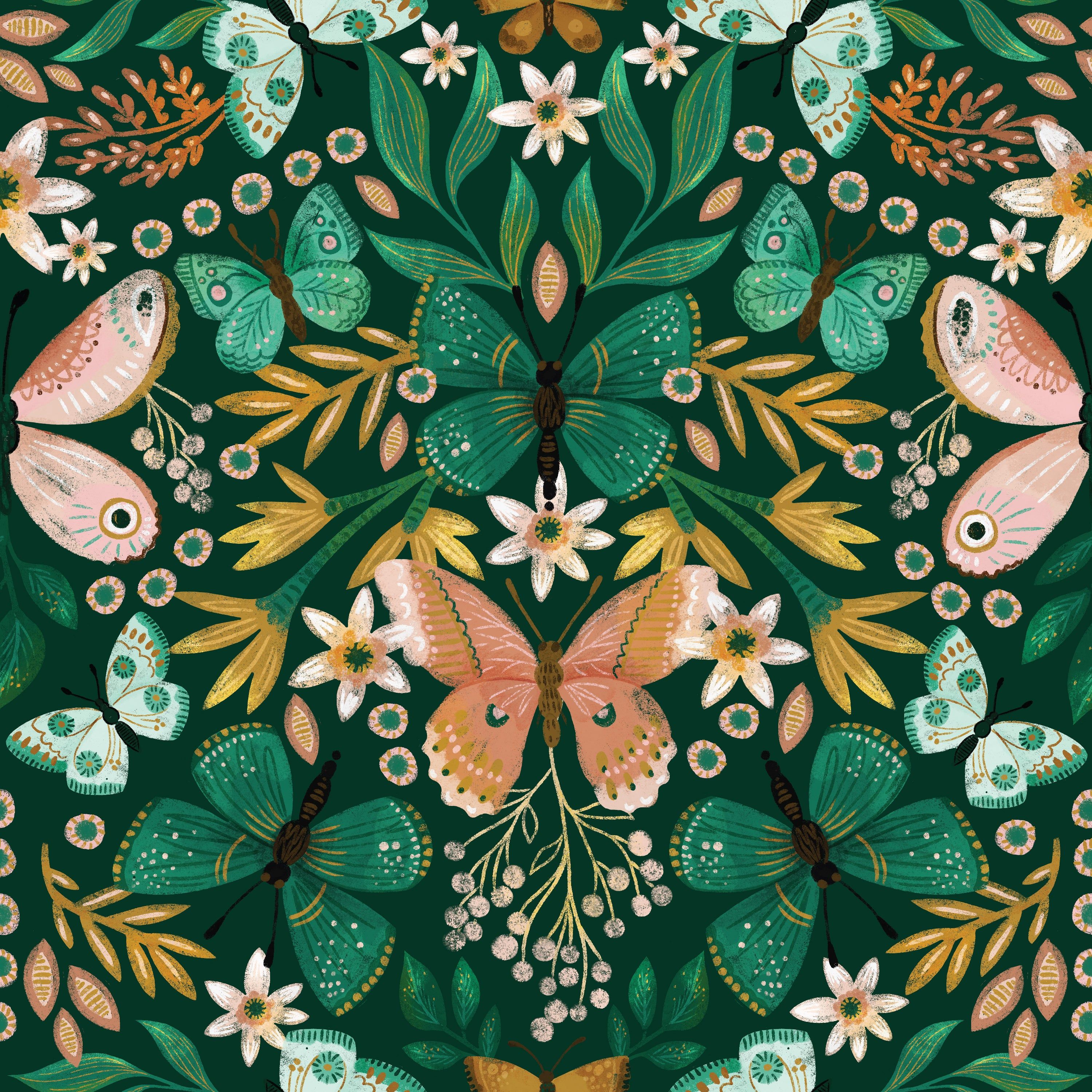 3000x3000 Butterfly & Flower Wallpaper. Colorful Butterflies and Green Floral Design