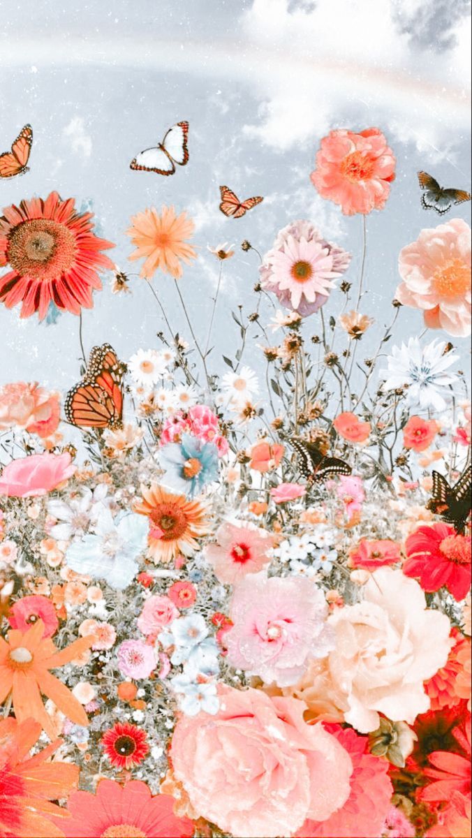 676x1200 Flowers And Butterfly Aesthetic Wallpaper