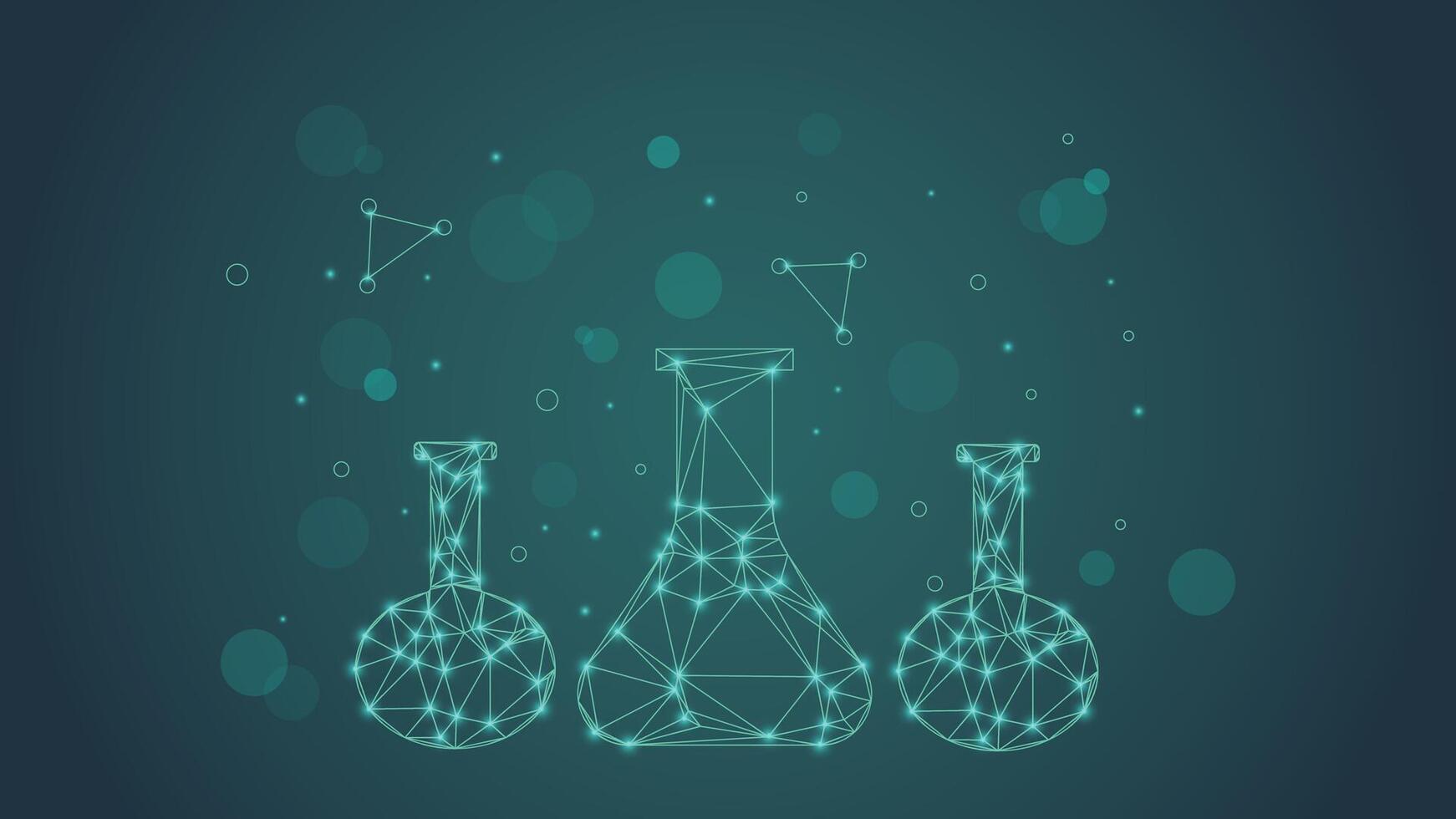 1742x980 Modern futuristic science background showing glowing digital laboratory flasks made of network lines and light dots perfect for technology presentations innovation and research themes