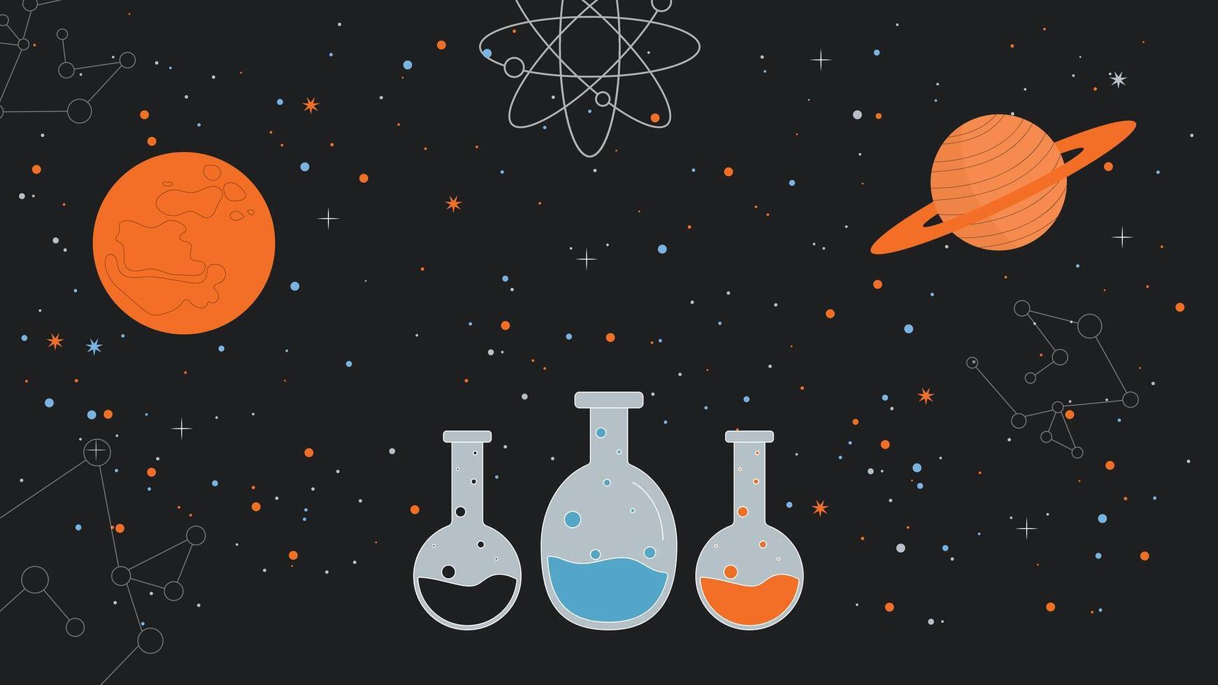 1742x980 Creative science and astronomy background featuring laboratory flasks planets constellations and atomic symbols on a dark space theme perfect for education research and technology designs