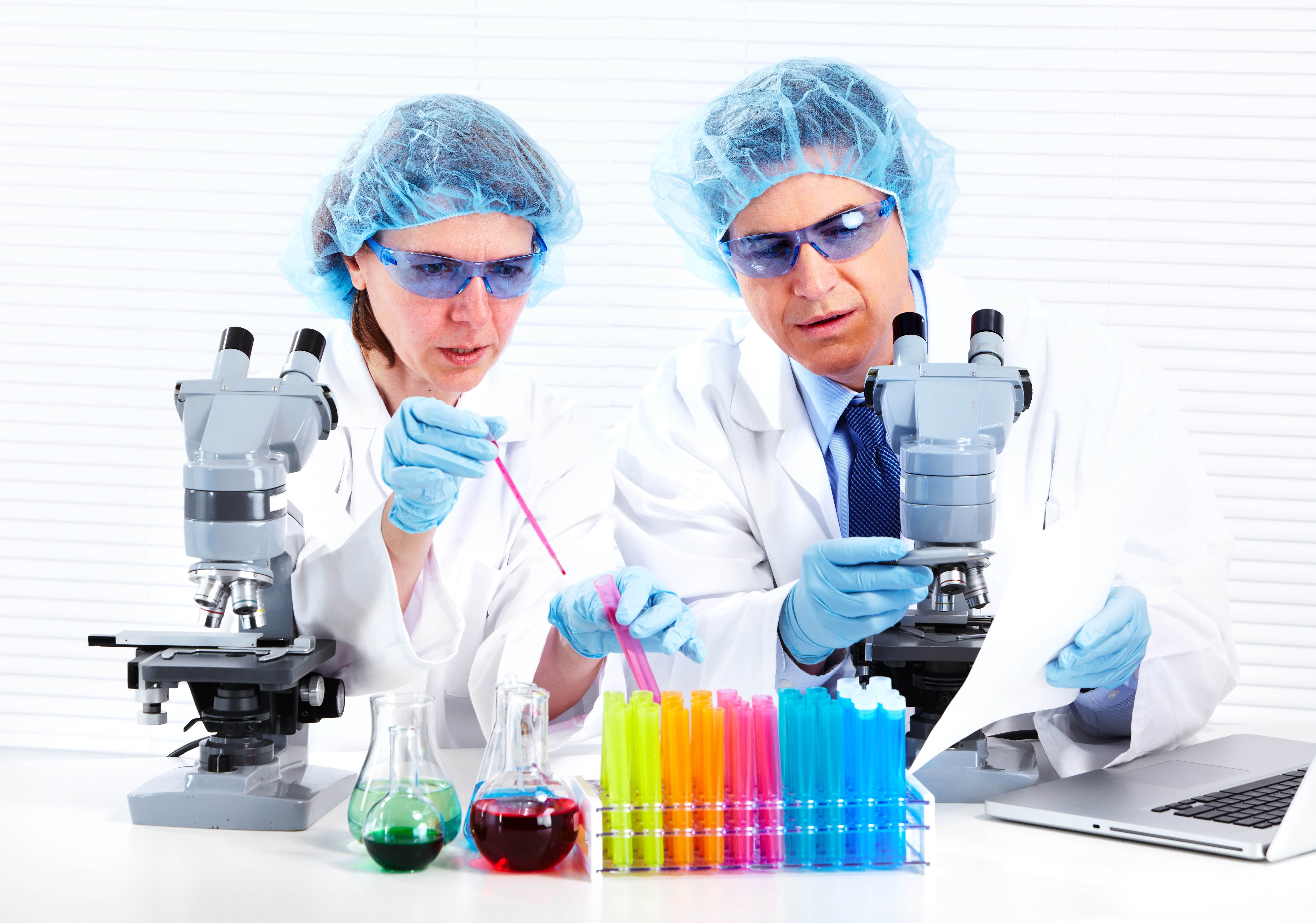 5336x3744 Two scientist holding microscope and test tube HD wallpaper