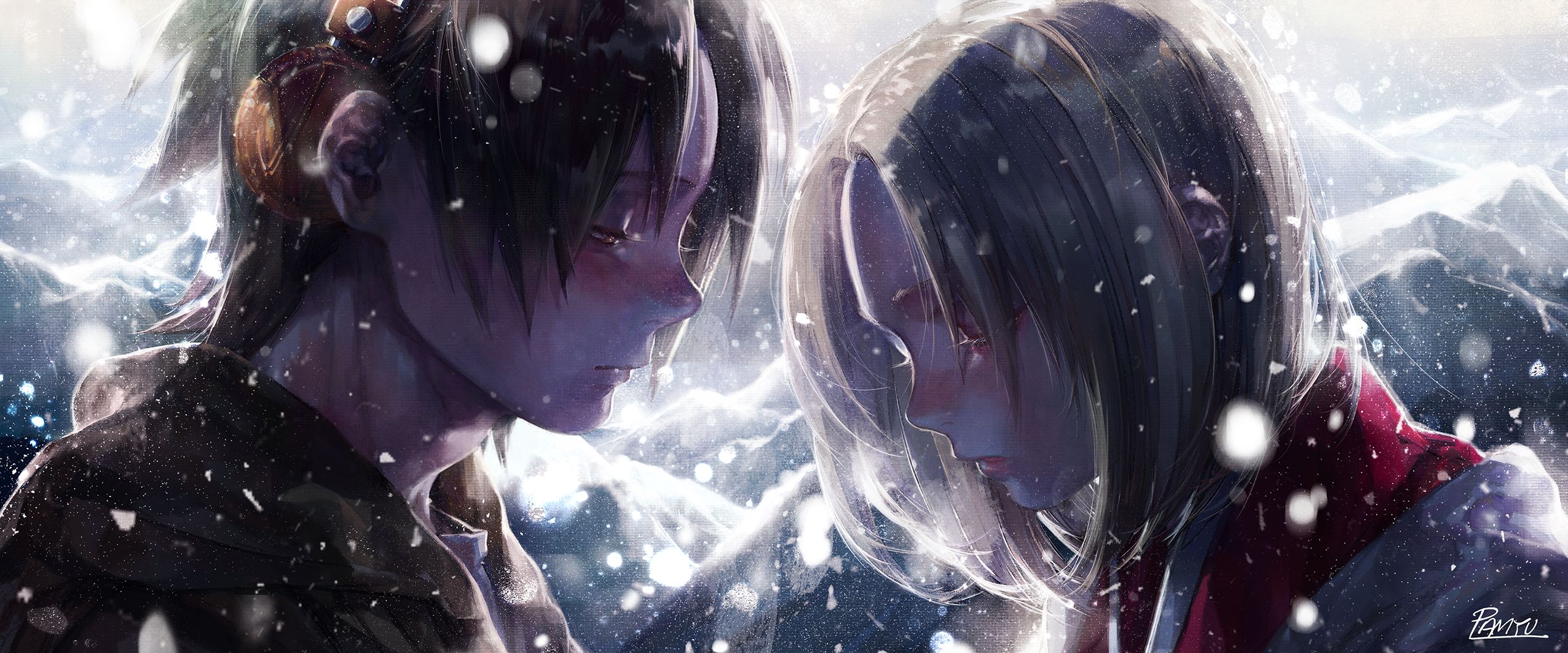 2551x1063 Desktop wallpaper: Anime, Shaman King, Anna Kyoyama, Blush, Short Hair, Snow, Yoh Asakura 4K free download for PC. 756845