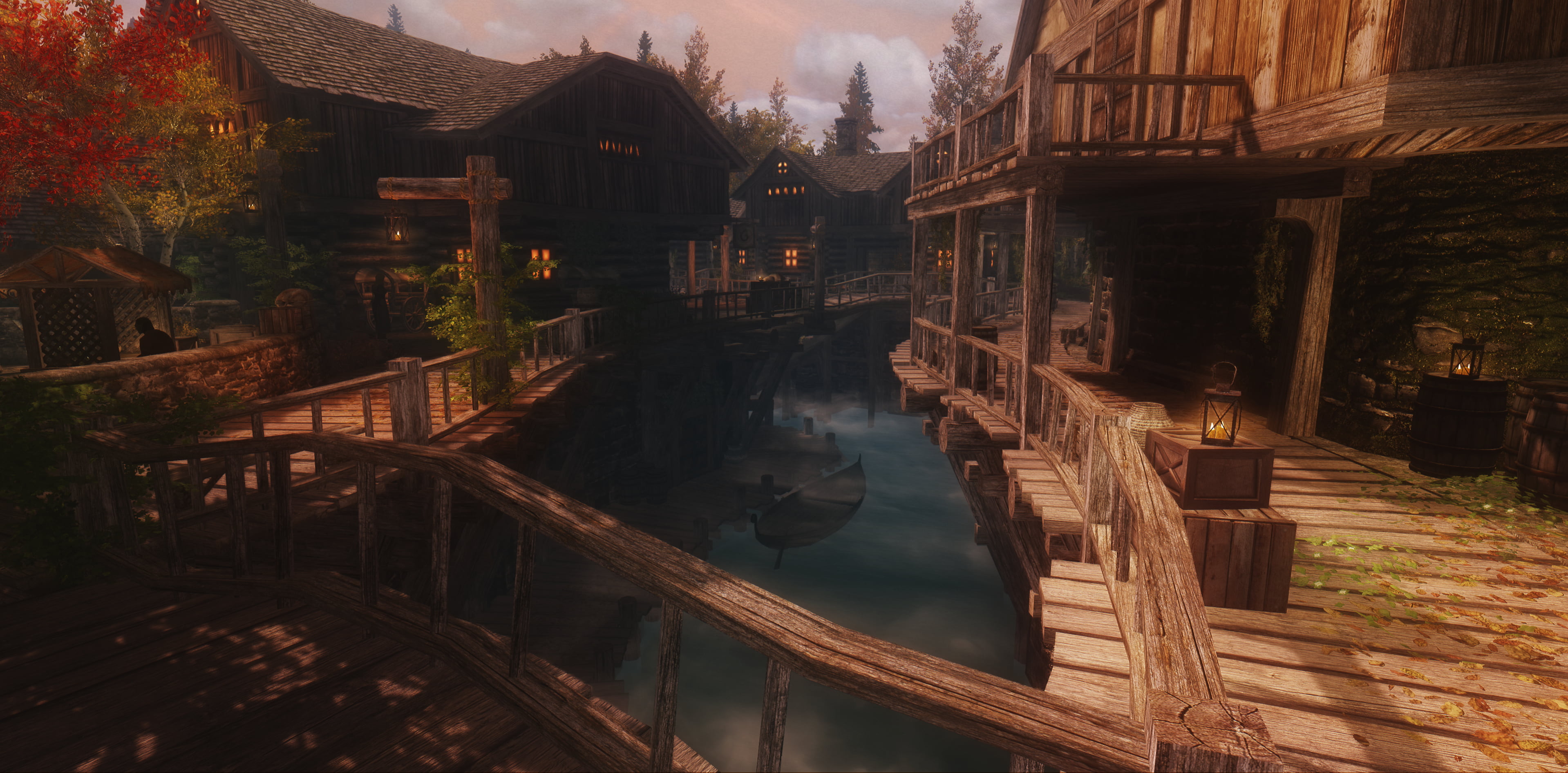 3837x1893 Brown wooden dock, The Elder Scrolls V: Skyrim, Riften, fantasy city, The Elder Scrolls HD wallpaper