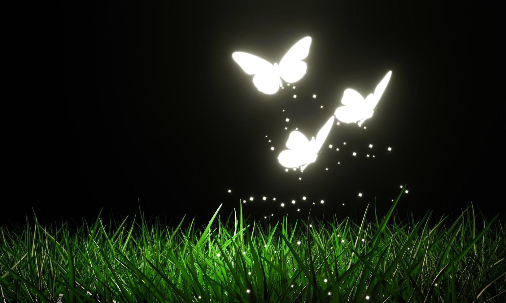 1634x980 Glowing butterflies flying above the lawn There is a glow in the dark in a fantasy theme. Butterflies fly in the dark on the field. 3D rendering