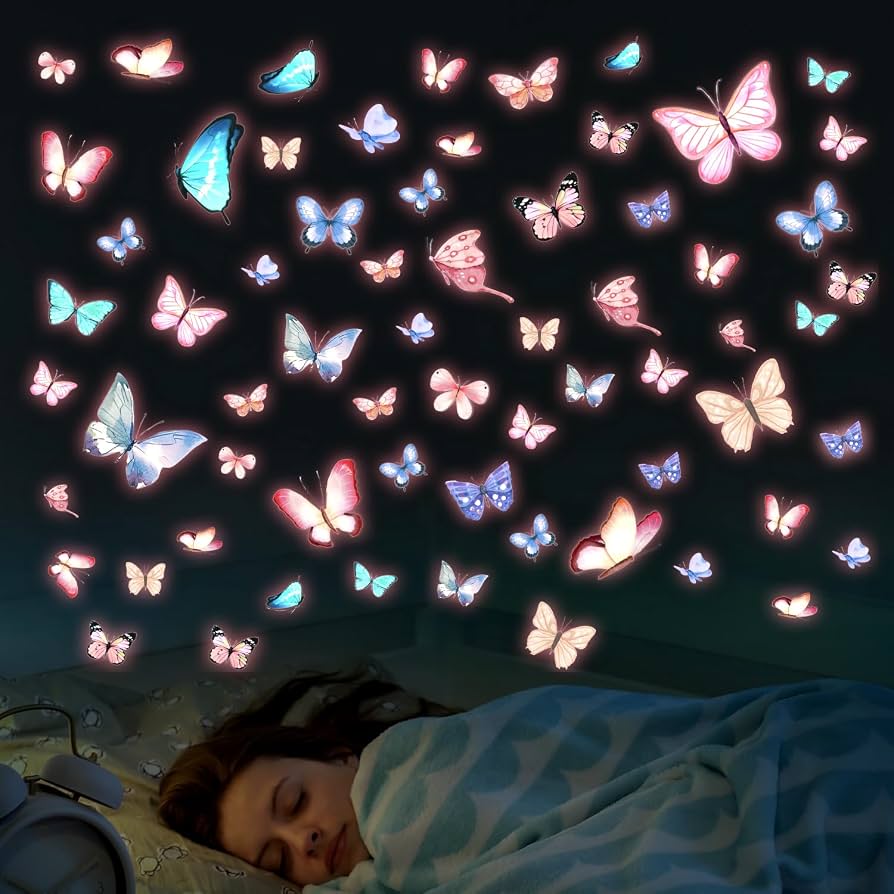 894x894 Sheets Glow In The Dark Butterfly Wall Decals, Luminous Butterflies Stickers Self Adhesive Glowing Colorful Art Wall Decor For Girls Bedroom Kids Nursery Living Room Decoration : Tools & Home Improvement