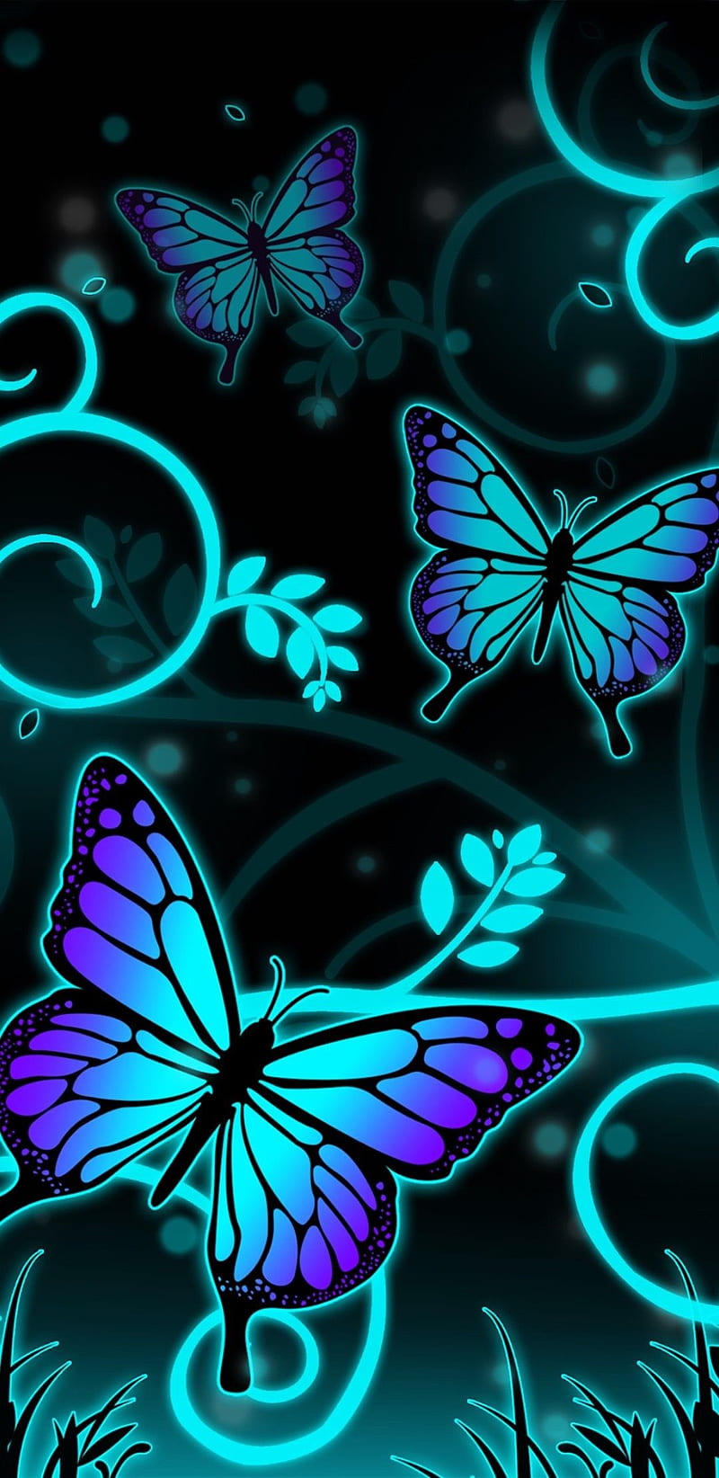 800x1644 Fluro Flutters, butterflies, butterfly, glow, neon, purple, swirl, teal, HD phone wallpaper