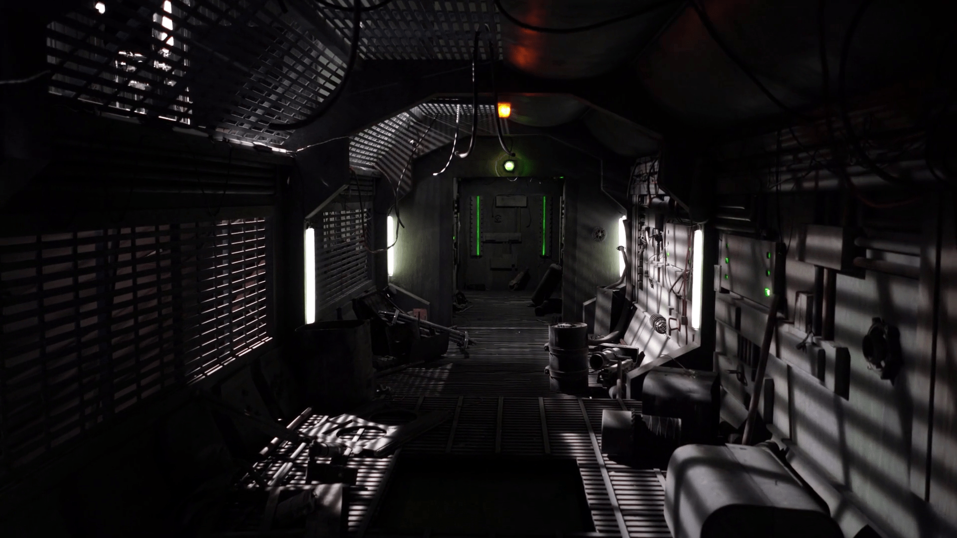 1920x1080 Industrial Interior Hallway On Sci Fi Spaceship. On Film Set Moving Through Realistic Run Down Space Station Gangway To Control Room. Sound Stage Science Fiction Construction