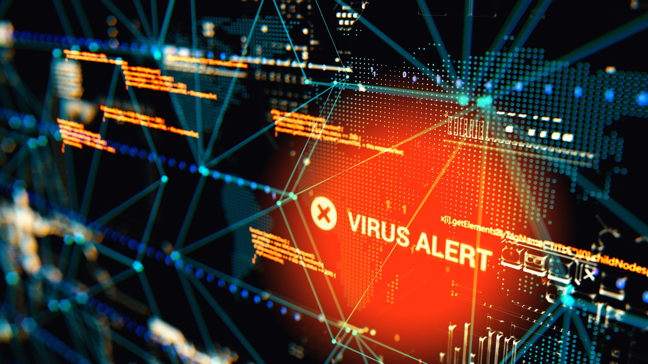 2560x1440 3D rendering. Abstract background concept of cyber security and attack, system crash