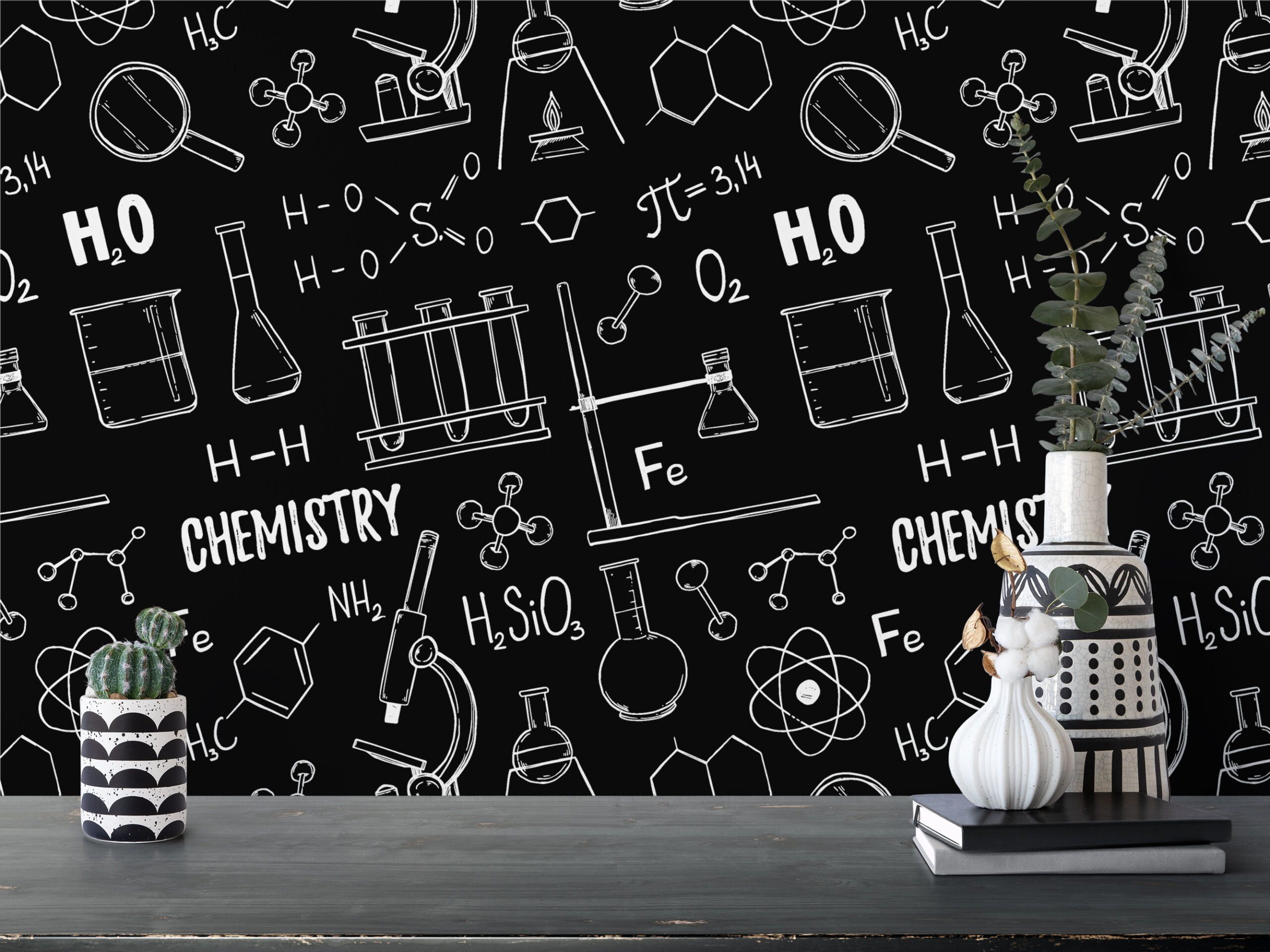 2560x1920 Chalkboard With Chemistry Icon Illustrations Wallpaper, Black and White Science Theme Wall Mural for Kids and Classrooms