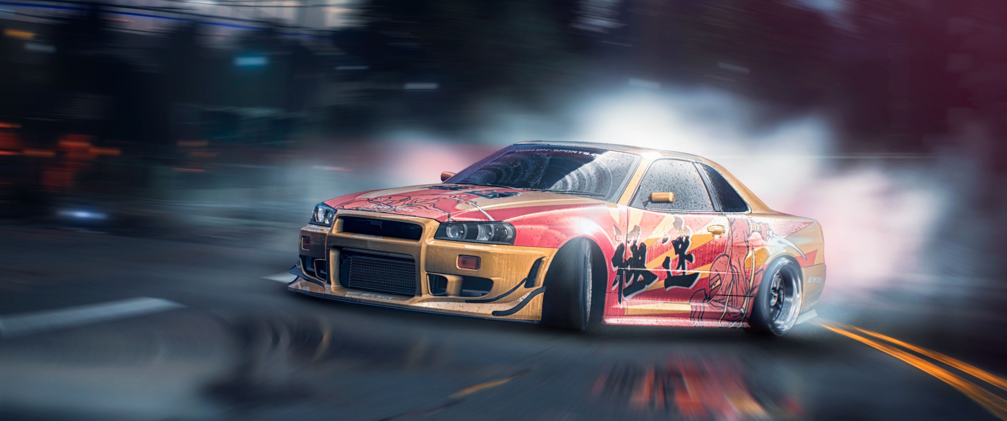 3440x1440 Download Drift on nissan, Drift, Nissan, Tuning, Skyline, R Nfs, Game, Art, Game, 2K, 3K Wallpaper in 3440x1440 Resolution