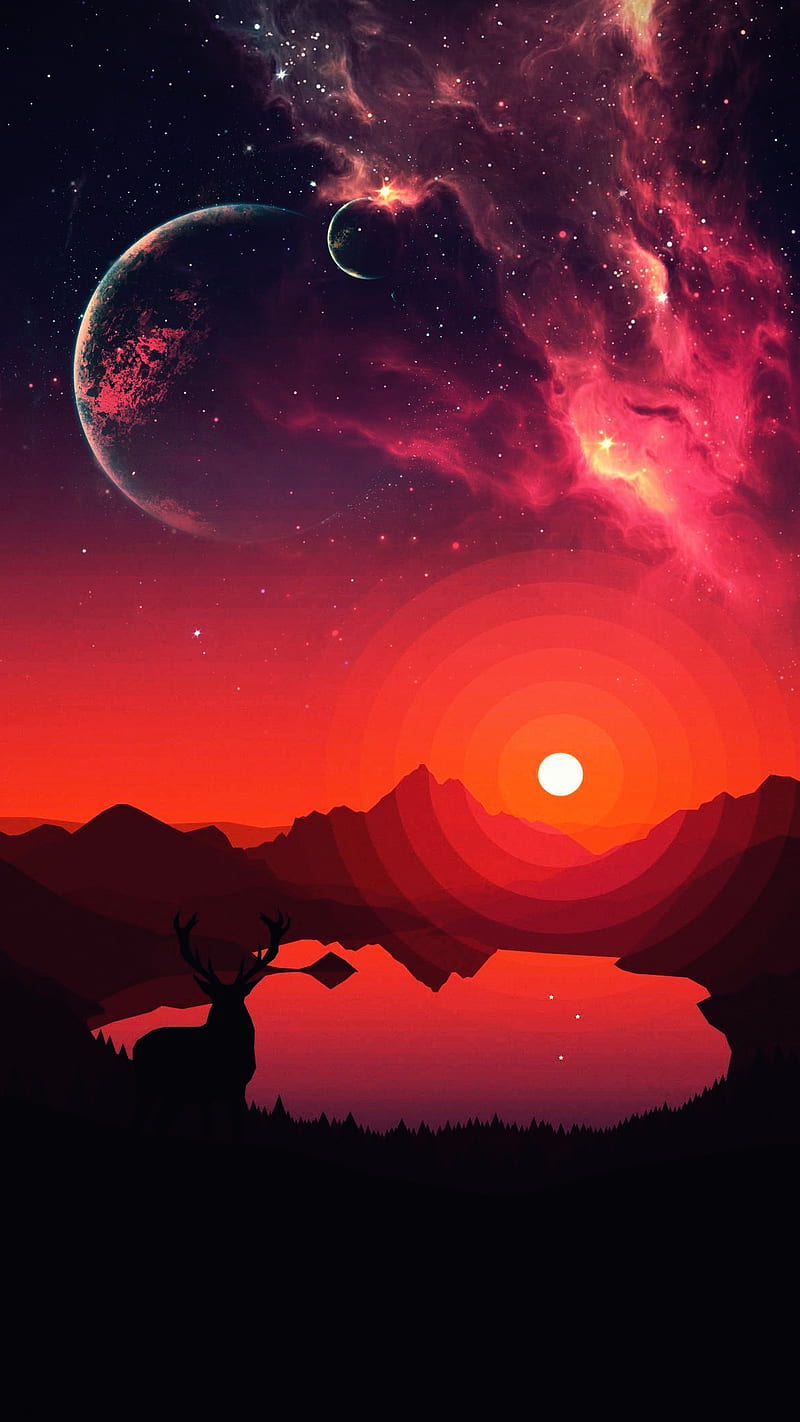 800x1422 Minimal Space, bonito, deer, galaxy, lake, moon, orange, sunset, HD phone wallpaper