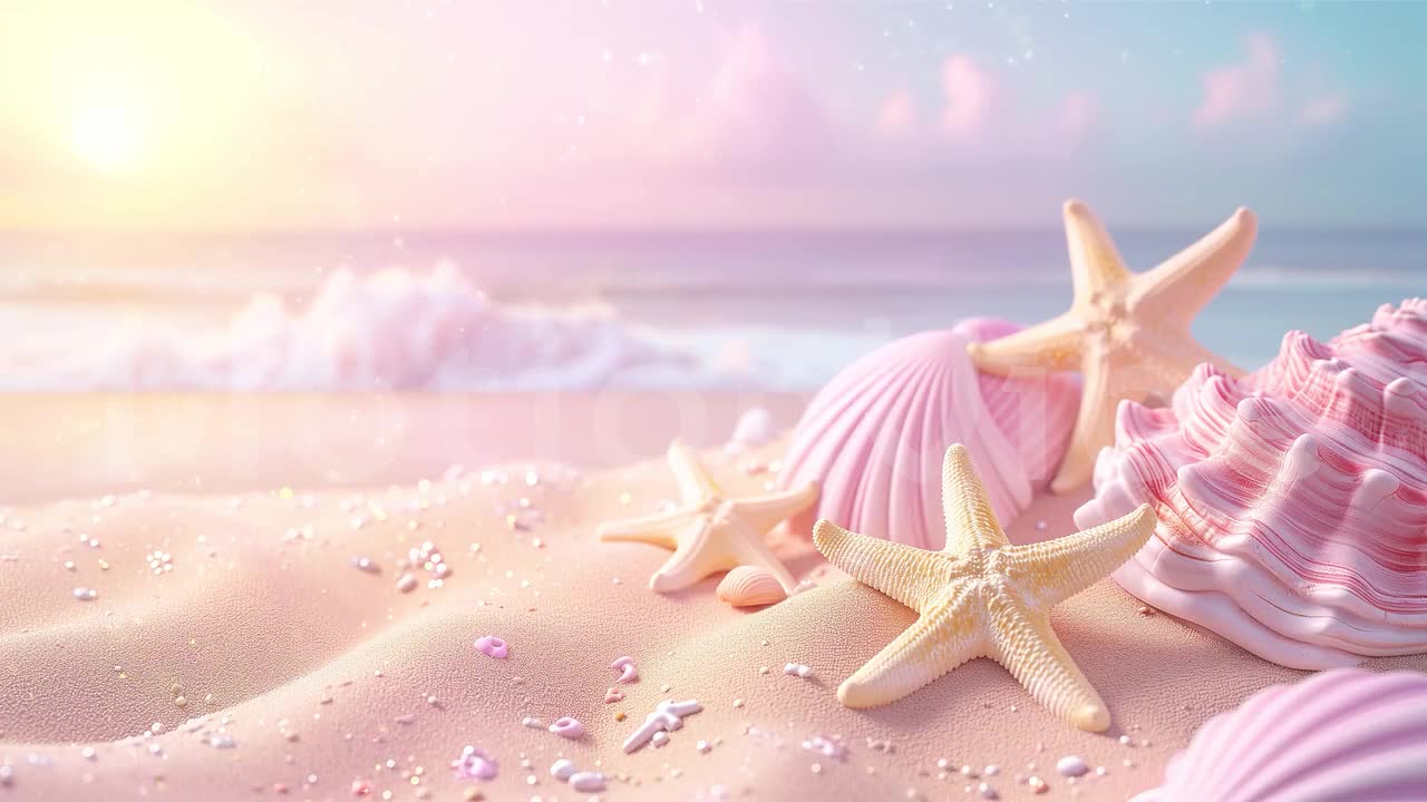 1280x720 Animated Background, Pink Beach, Seashells and Starfish, Sunset Glow, Ocean Breeze, Relaxing Summer, Twitch Stream Zoom Vtuber Background