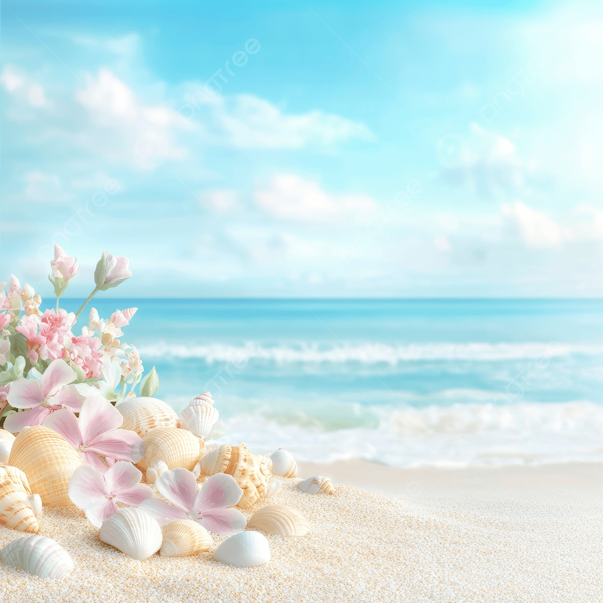 1200x1200 A Beautiful Summer Background With Sand Seashells And Flowers On The Beach Blue Sky Sea In Distance Photo And Picture For Free Download