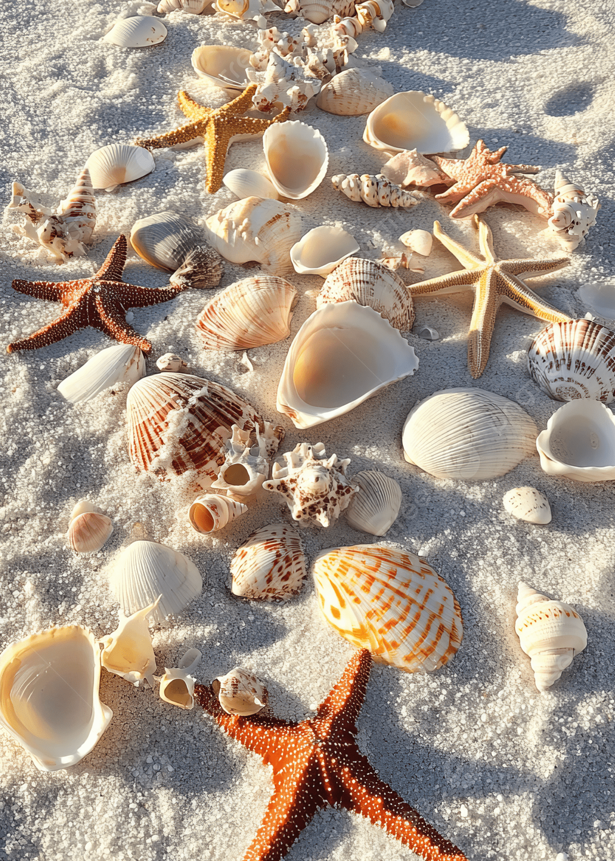 1200x1680 Assortment Of Seashells And Starfish Scattered On A Sandy Beach During Summer Background Wallpaper Image For Free Download
