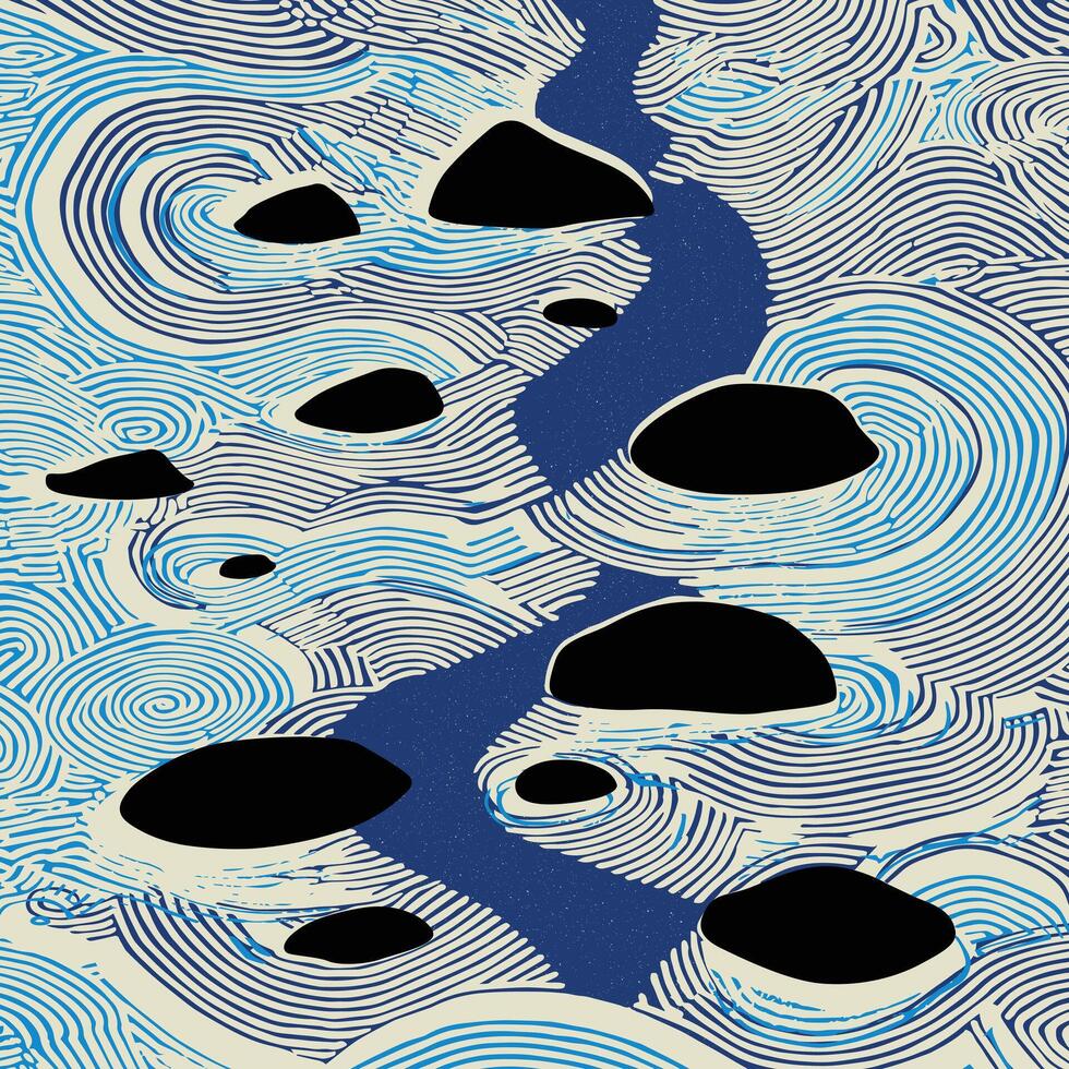 980x980 Minimalist Japanese Inspired Abstract Background With Black Stones And A Dark Blue River. Features Hand Drawn Concentric Ripples And Woodblock Etching For A Serene, Vintage Aesthetic