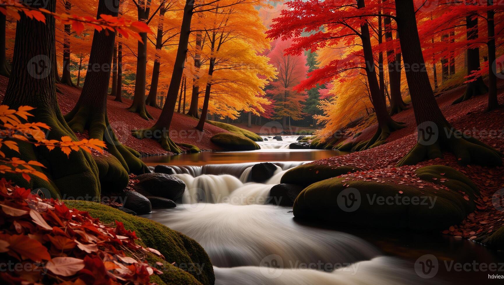 1730x980 Abstract autumnal forest landscape with river vibrant color palette for digital artwork or wallpaper design