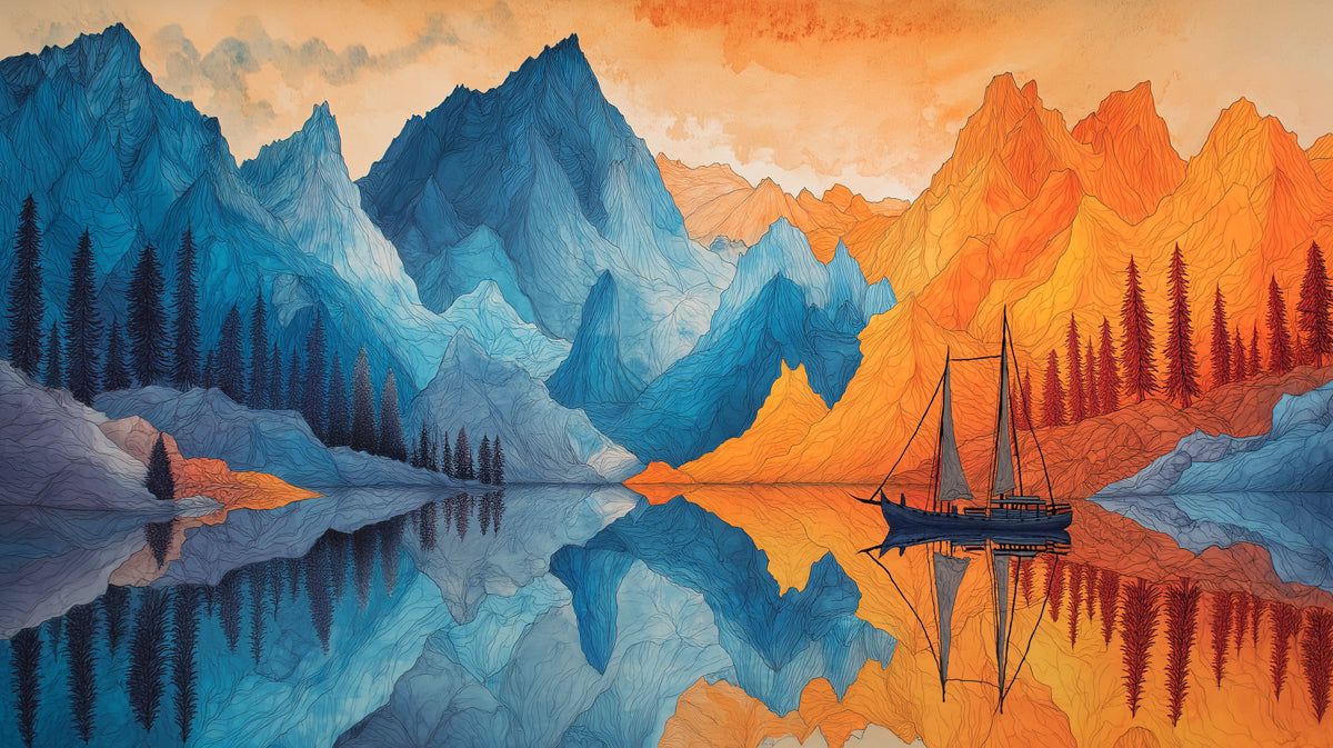 1200x673 Mountain Lake Mural Wallpaper. Dual Tone Artistic Landscape