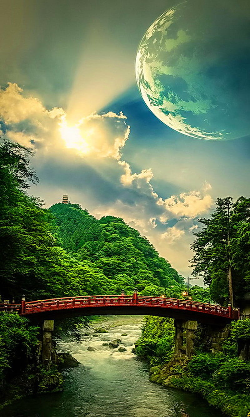 800x1333 Bridge, abstract, clouds, nature, planet, river, sunrise, HD phone wallpaper