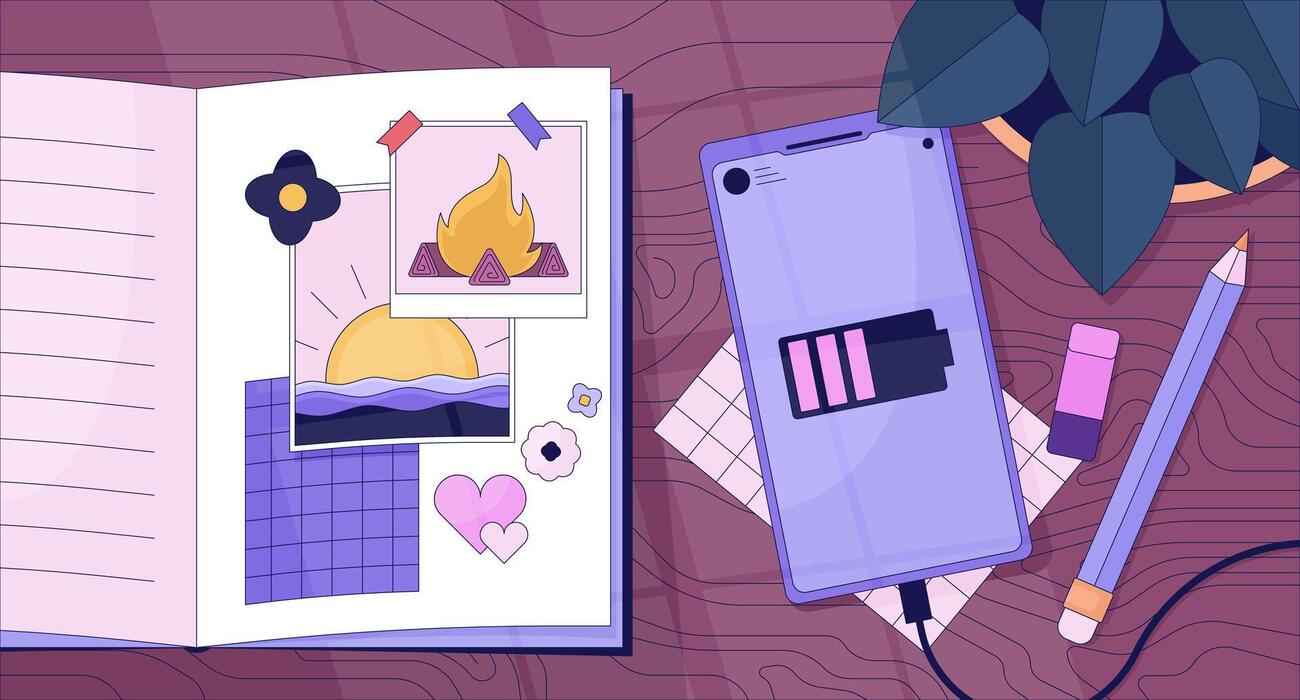 1300x700 Travel journal near smartphone charging lofi wallpaper. Diary memories tabletop wooden 2D cartoon flat illustration. Nostalgia retro. Dreamy vibes chill vector art, lo fi aesthetic colorful background