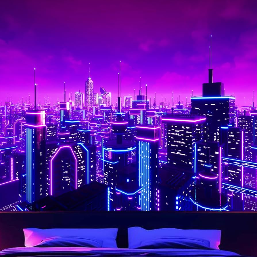 894x894 Atrippy Blacklight Japanese Punk Tapestry for Bedroom, Black Light Anime Room Decor, UV Reactive Futuristic City Wall Tapestries, Neon Skyscraper Aesthetic for Dorm Living Room 51 X 60 : Home
