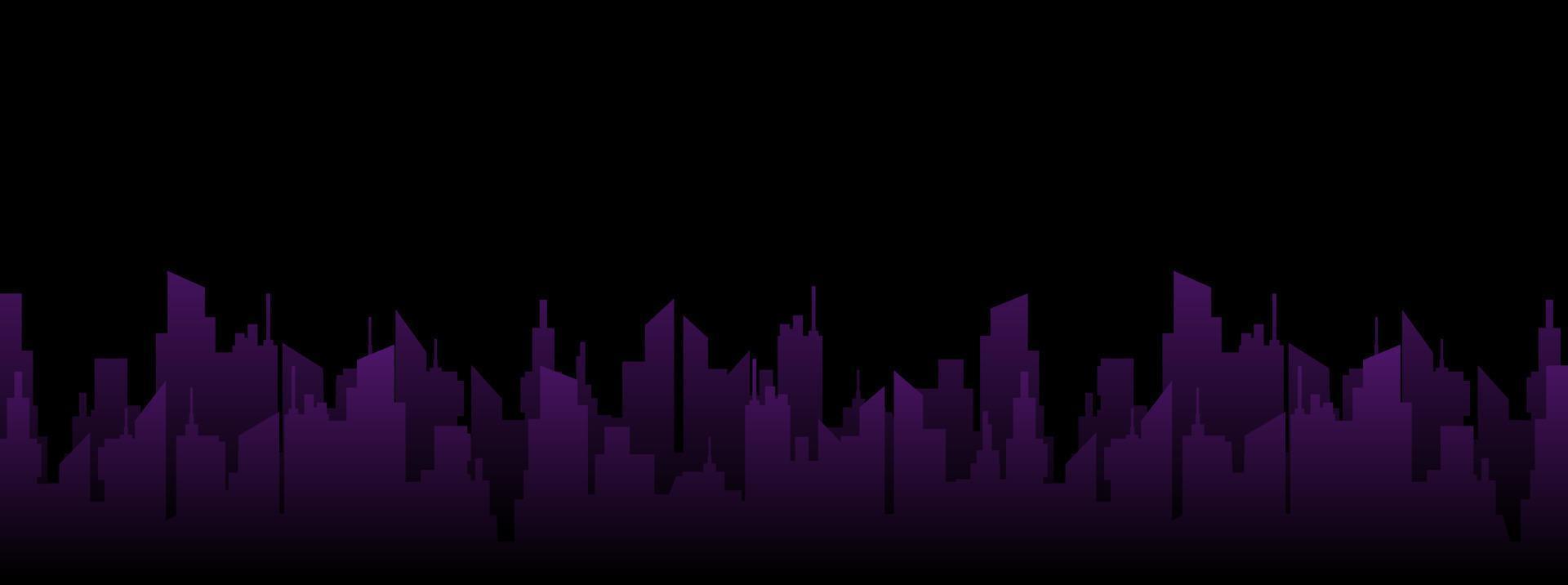 1920x716 Urban purple night landscape. Dark silhouettes of abstract skyscrapers metropolis against background of black vector sky
