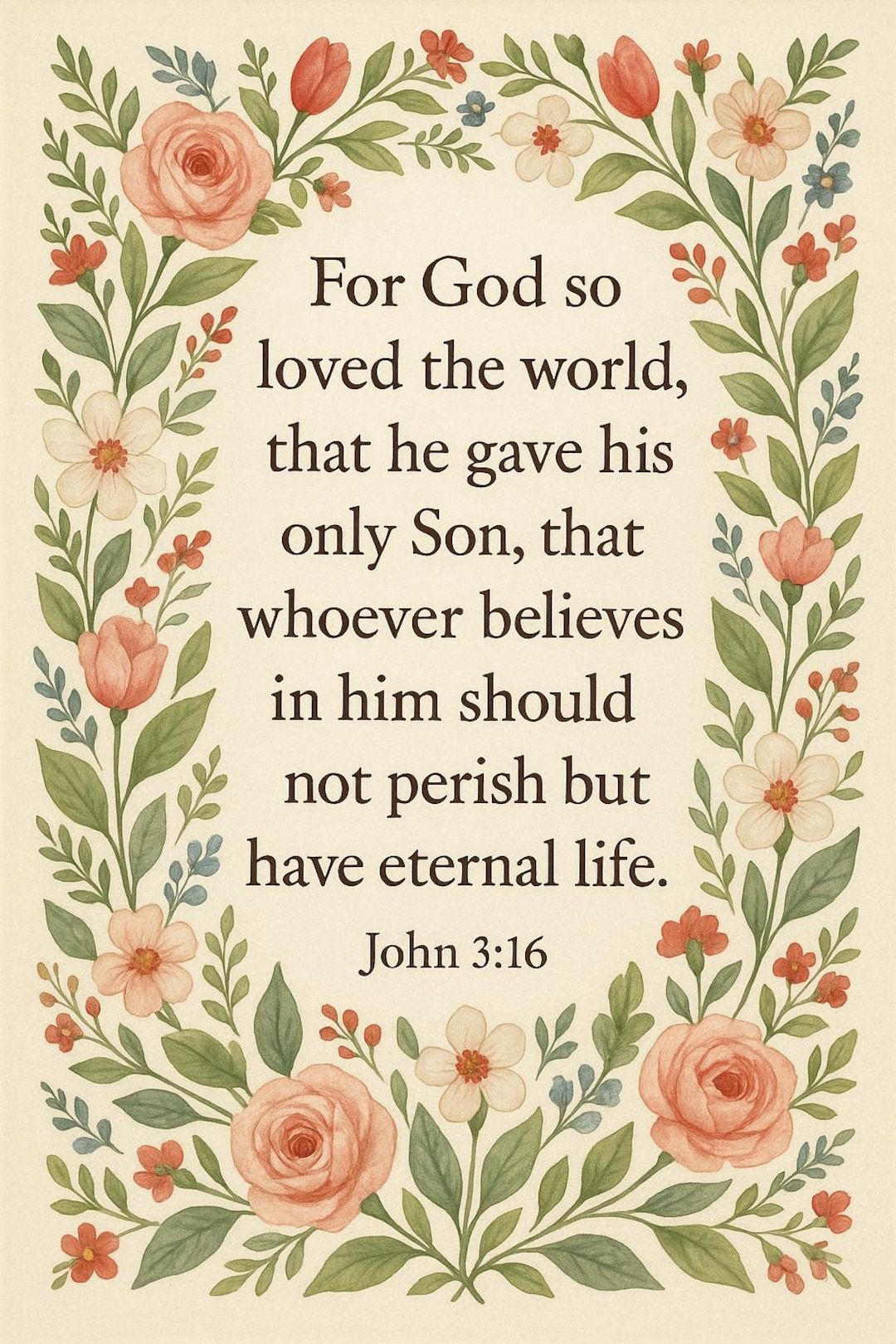 1080x1620 John 3:16 Bible Verse Wall Art. Christian Floral Scripture Print
