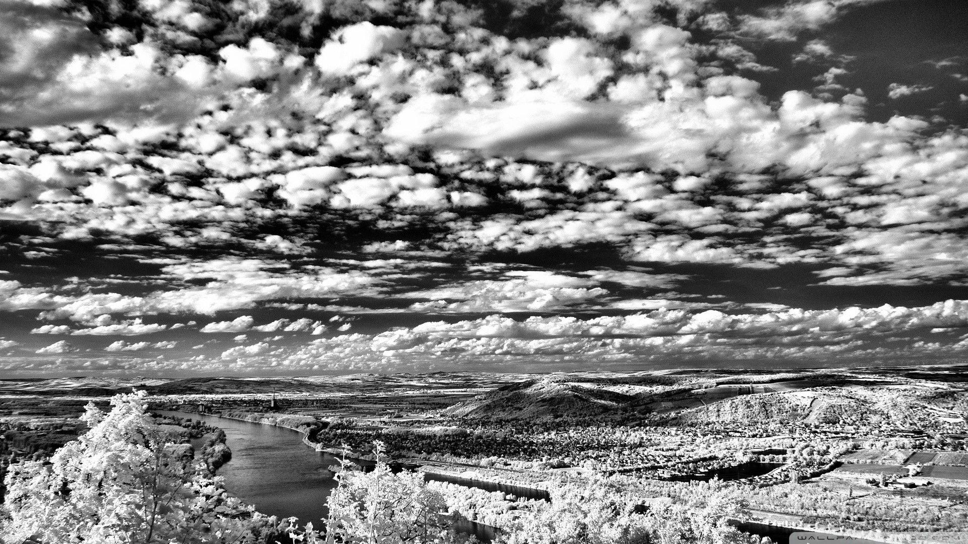 1920x1080 Sky: Beautiful Sky View Landscape River Clouds Panorama Black White