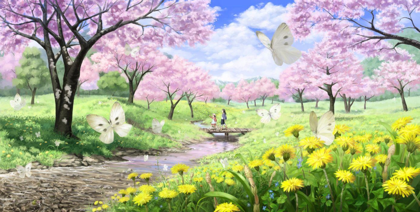 1386x700 Girls butterfly cherry blossoms clouds flowers grass hat imaoka landscape original scenic tree water wallpaperx1617