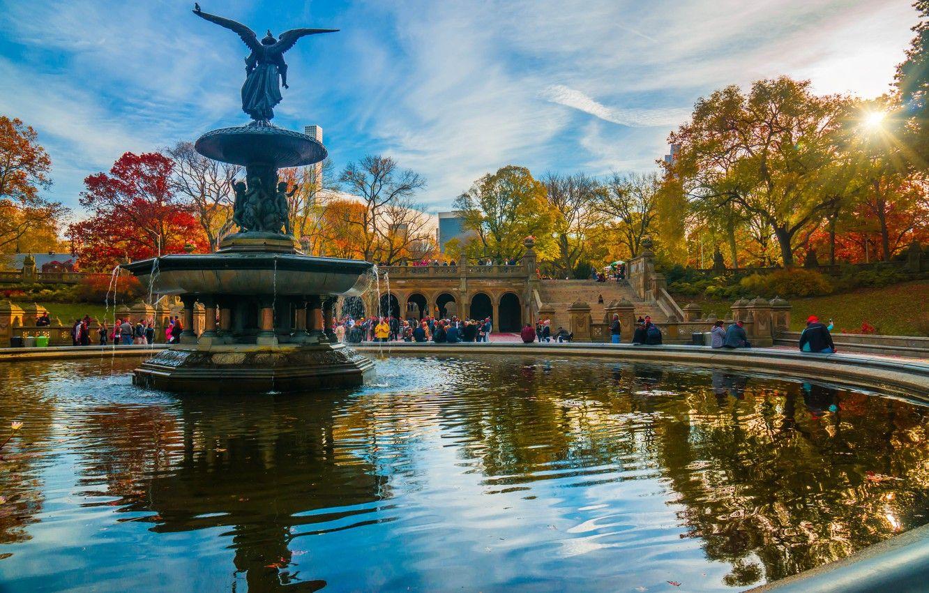1332x850 Wallpaper autumn, the sun, trees, the city, New York, fountain, USA, sculpture, Central Park image for desktop, section город