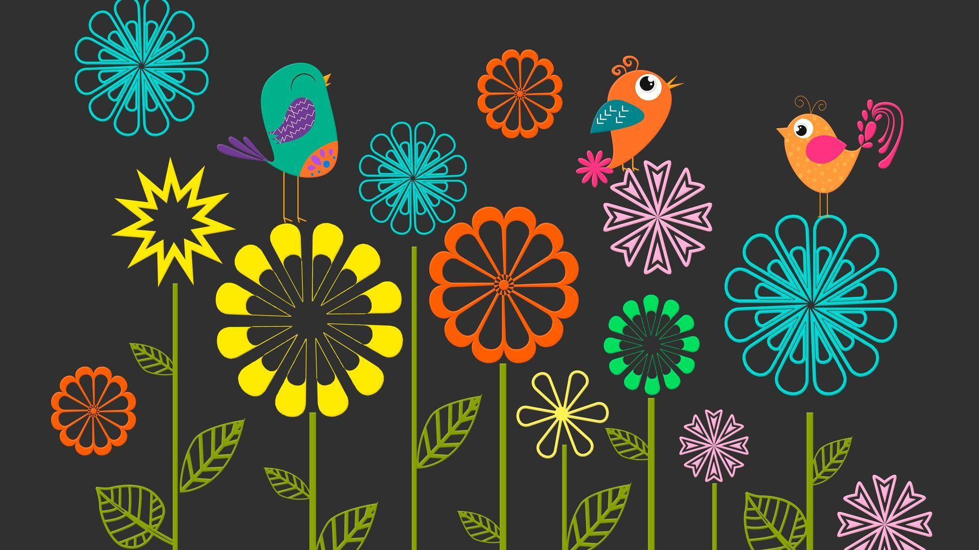 1920x1080 Colorful Vector Flowers with Birds Wallpaper