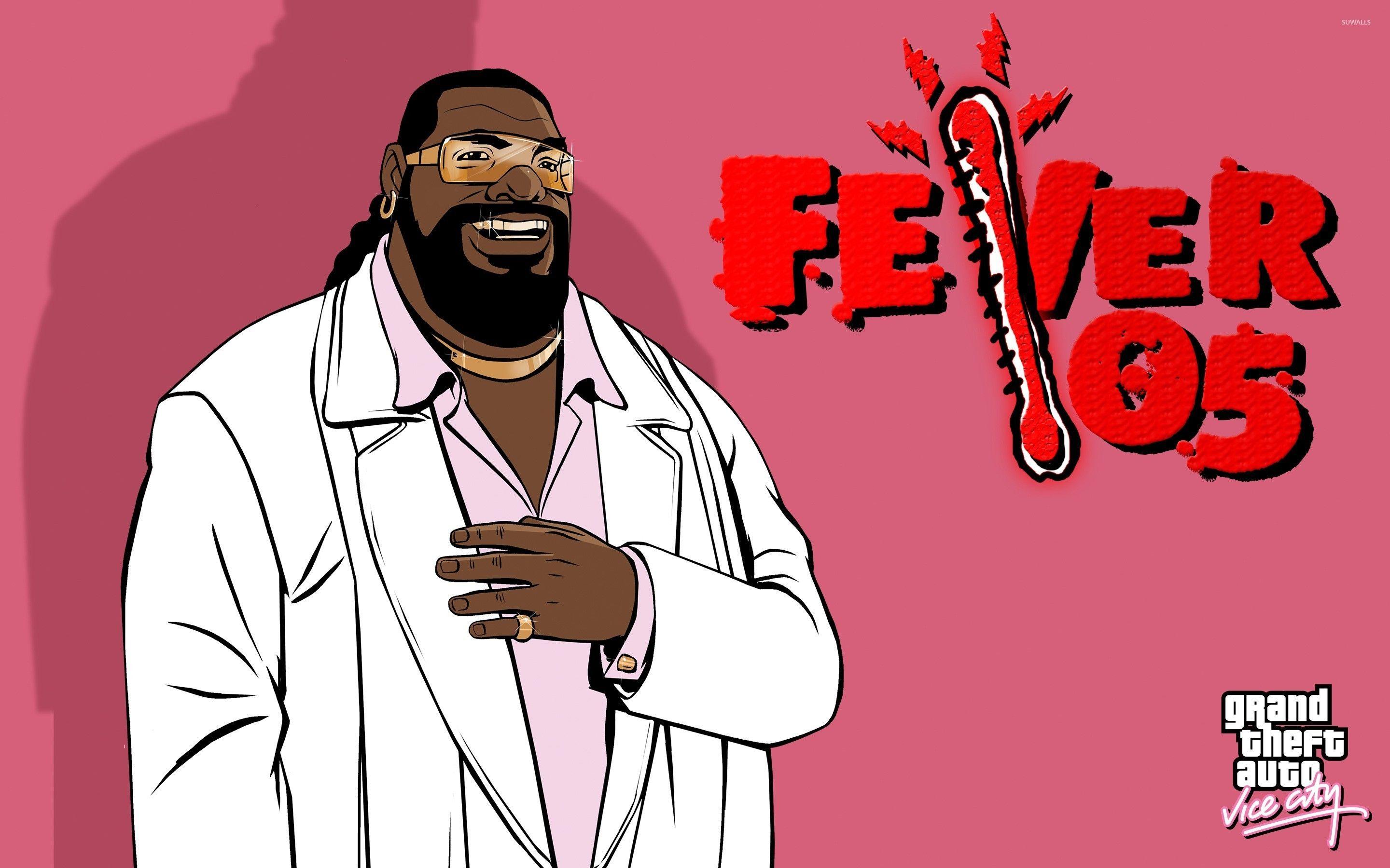 2880x1800 Music producer in front of Fever 105 radio station logo wallpaper wallpaper