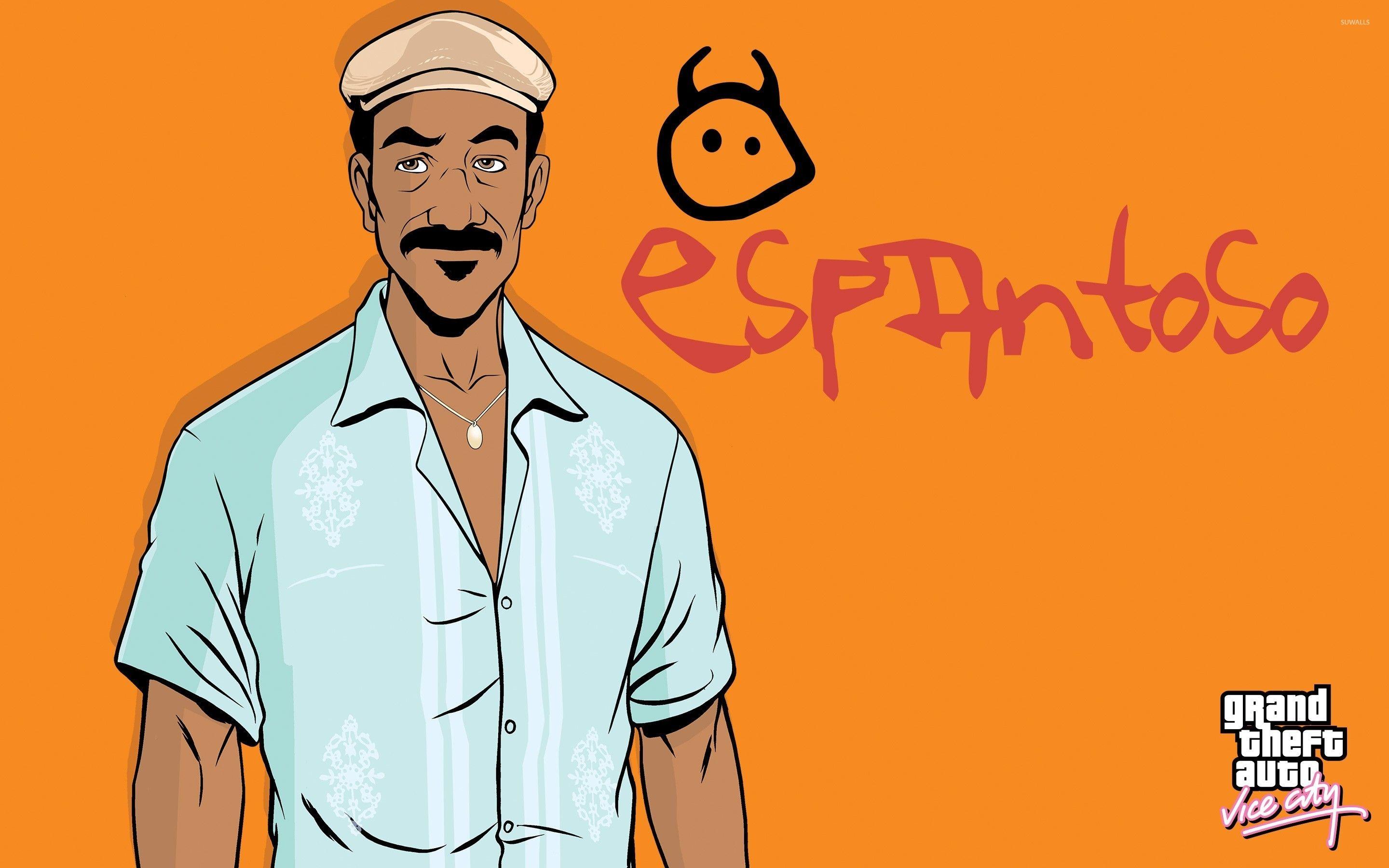2880x1800 Vice City character in front of Radio Espantoso logo wallpaper wallpaper