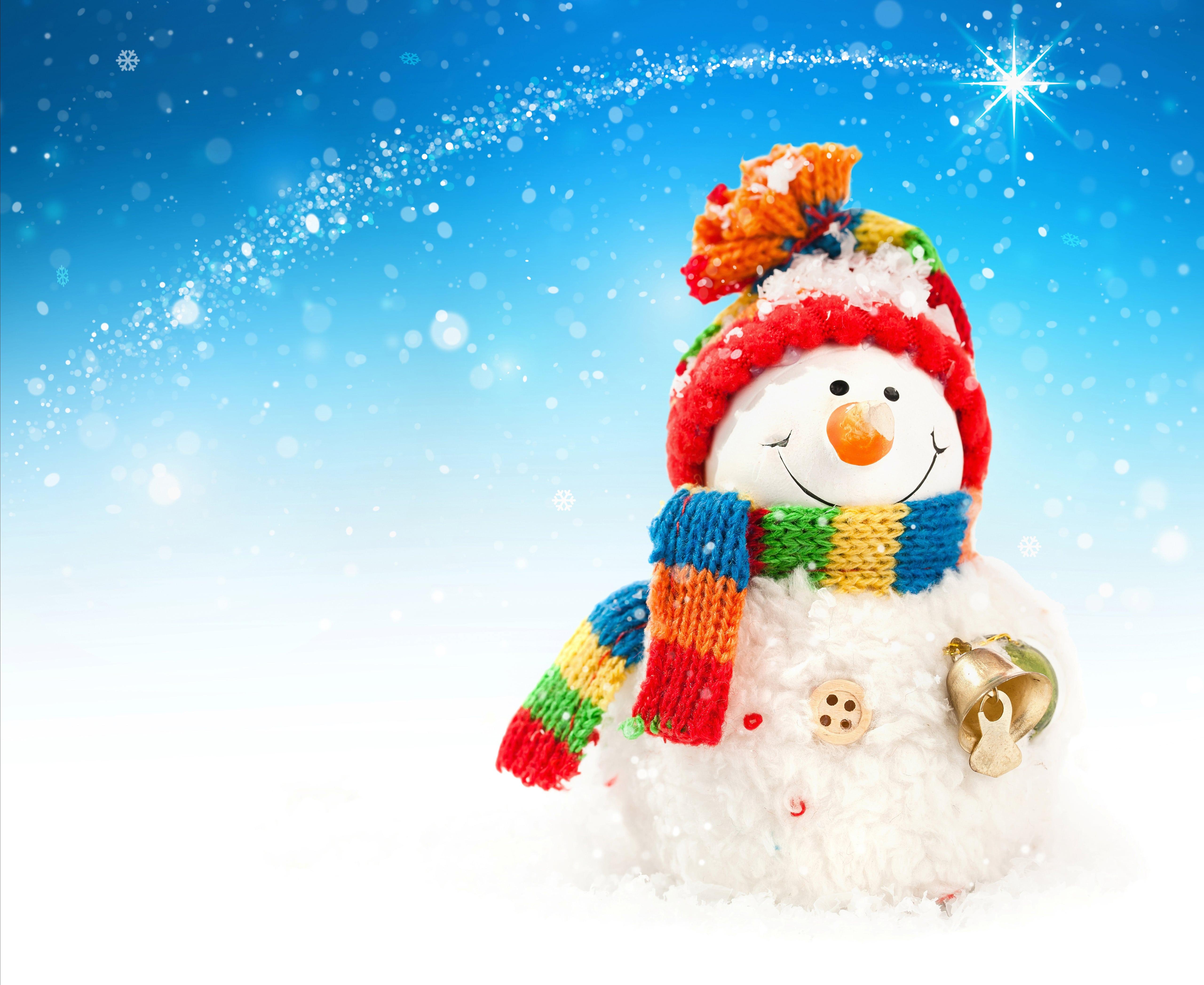 5120x4189 Snowman Snowfall Crochet Hat Scarf Bells 5k Wallpaper and Free