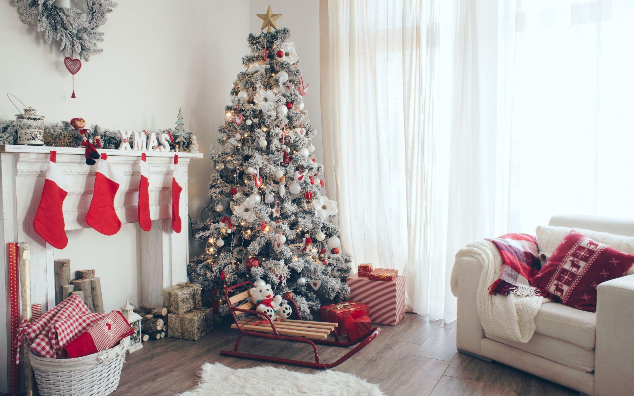 2560x1600 Download wallpaper Christmas tree, New Year, fireplace, gift socks, Christmas interior for desktop with resolution 2560x1600. High Quality HD picture wallpaper